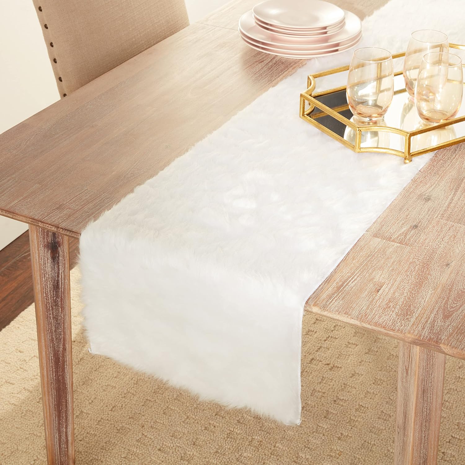 Faux Fur Design Table Runner, 15"x108", White