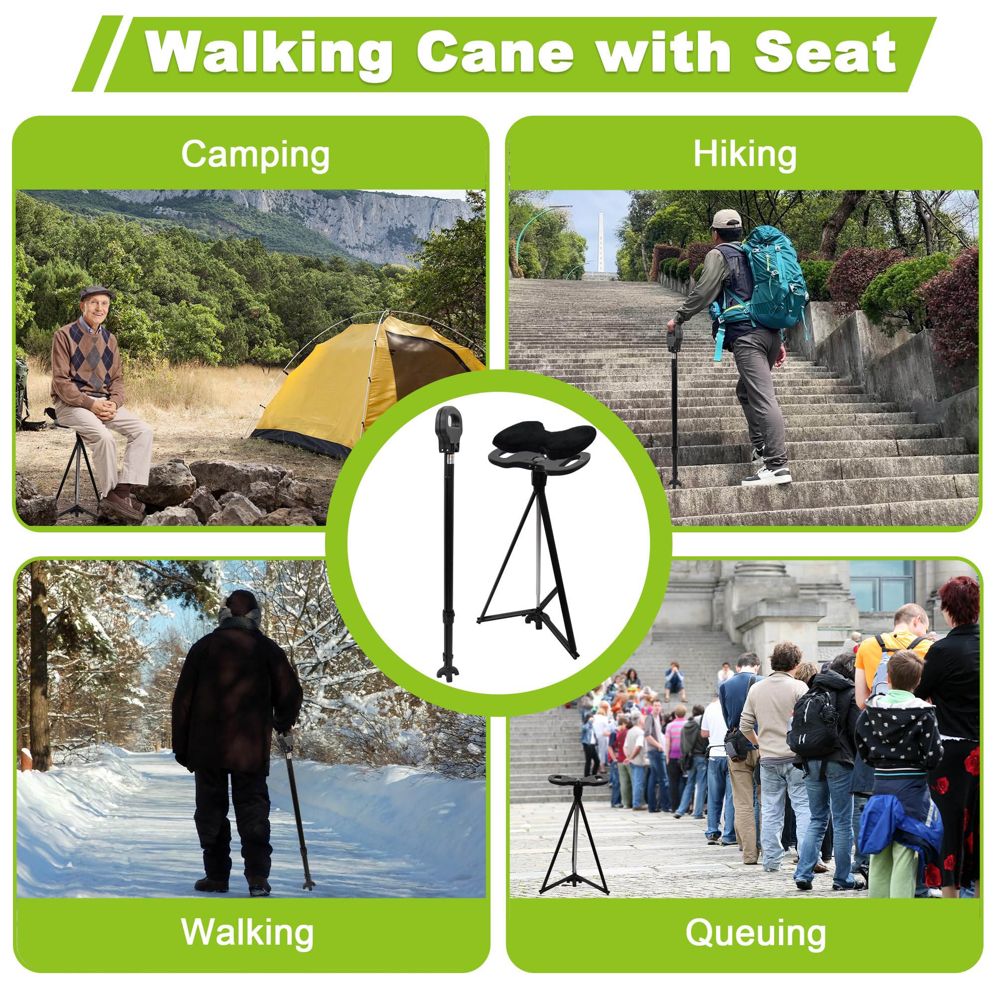 ALEVMOOM Bastone da passeggio con sedile sedia pieghevole bastone da passeggio con sedile portatile retrattile leggero per anziani viaggi all'aperto(Nero)