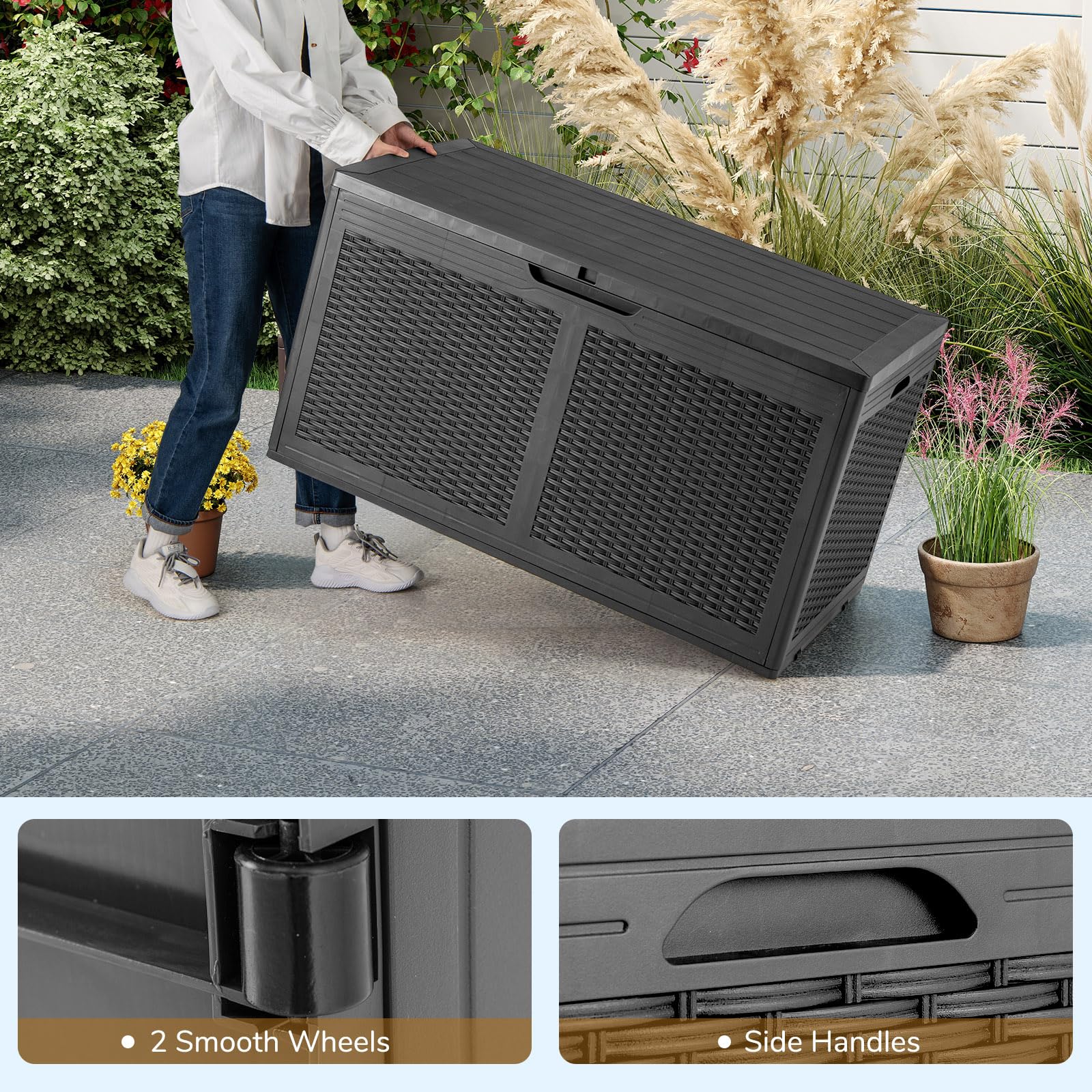 RELAX4LIFE 380L Cassapanca da Esterno, Contenitore da Patio Chiudibile a Chiave con 2 Ruote, Superficie in Finto Rattan, in Resina Impermeabile per Cuscini, Attrezzi (GRIGIO)
