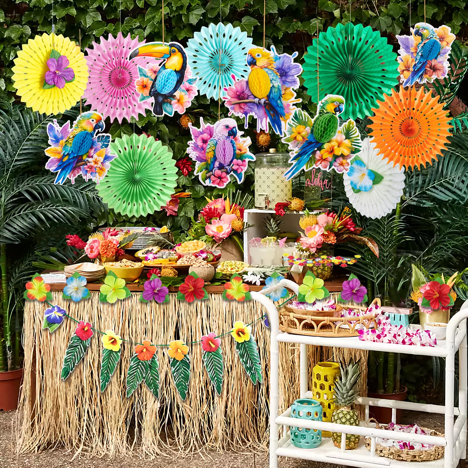 Decoraciones de fiesta tropical, decoración de fiesta hawaiana, con loros de papel, panales de abejas y pancarta de flores de hibisco, pompones de papel de seda para decoración de verano