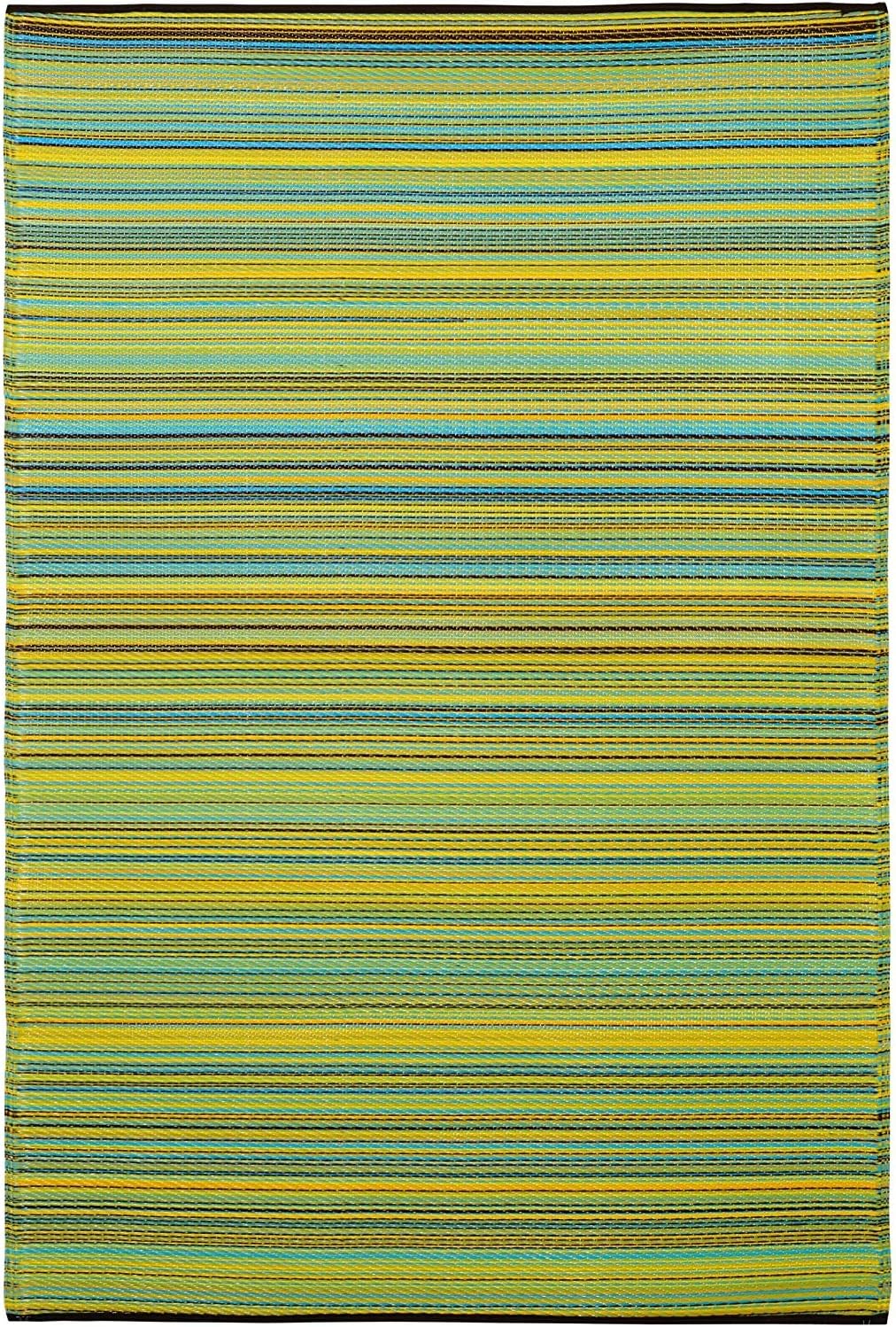 FAB HAB Outdoor Rug - Waterproof, Fade Resistant, Reversible - Premium Recycled Plastic - Striped - Garden, Deck, Patio, Hall, Porch, Laundry Room - Cancun - Lemon & Apple Green - 120 x 180 cm