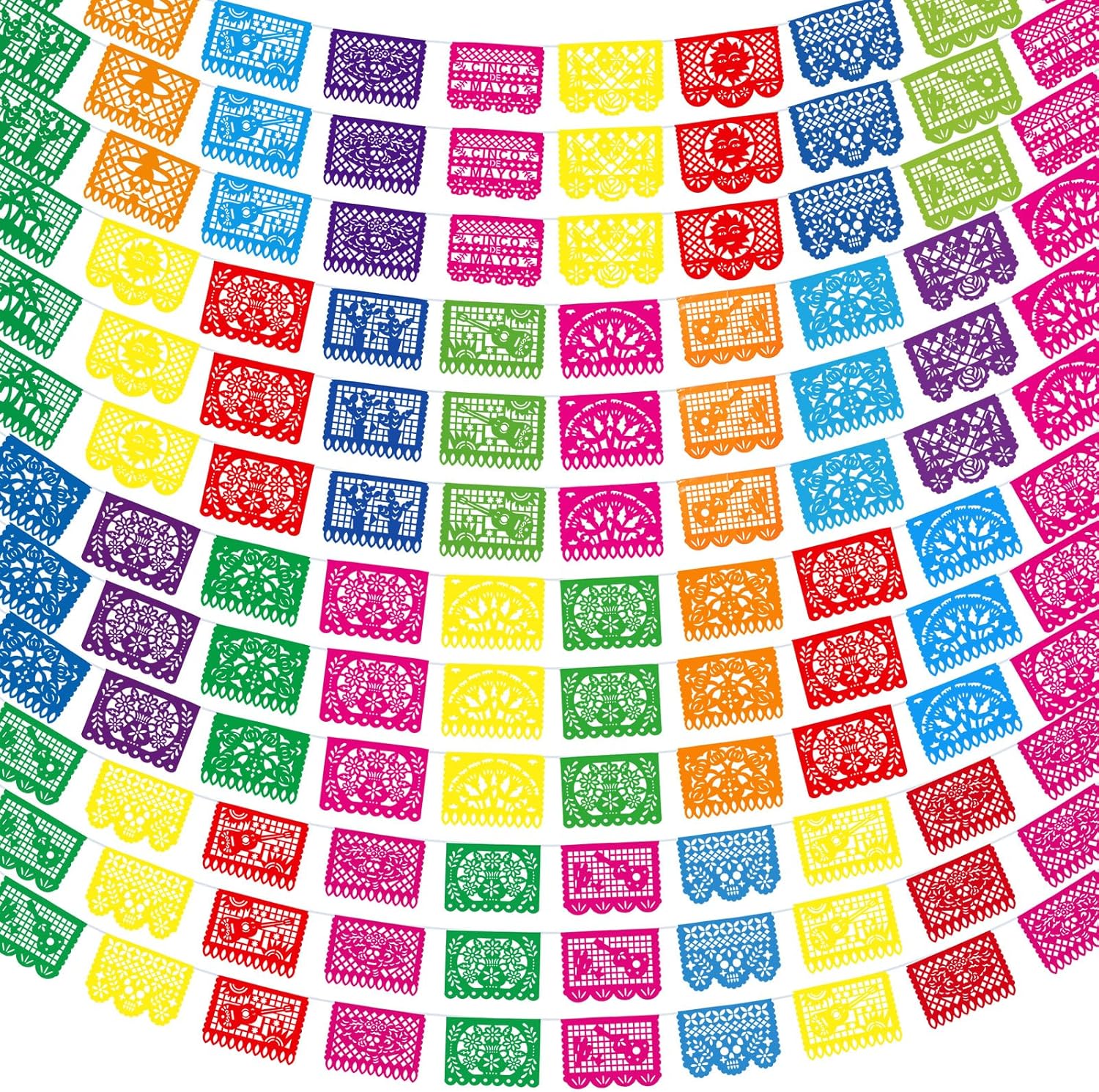 Boao 12 Packs 180 ft Mexican Party Decorations Fiesta Banner Plastic Papel Picado Banner Garland Cinco De Mayo Decor Dia De Los Muertos Hanging Decor Halloween Fiesta Mexican Birthday Party Supplies