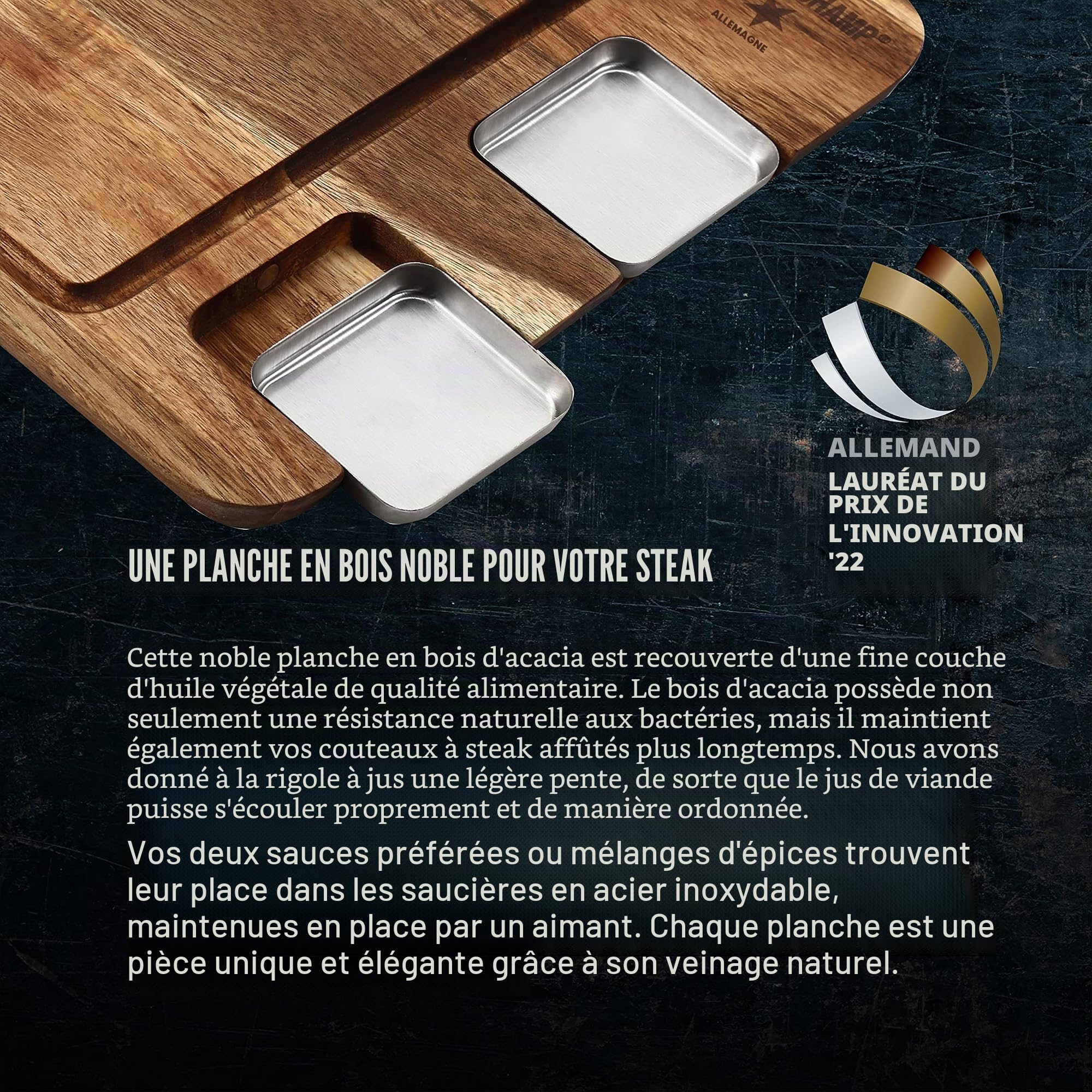 Steakchamp, Premium tavola da pranzo con salsiera, tavola da pranzo in acacia con salsiera in acciaio inossidabile e scanalatura per il succo, 42 cm x 27 cm