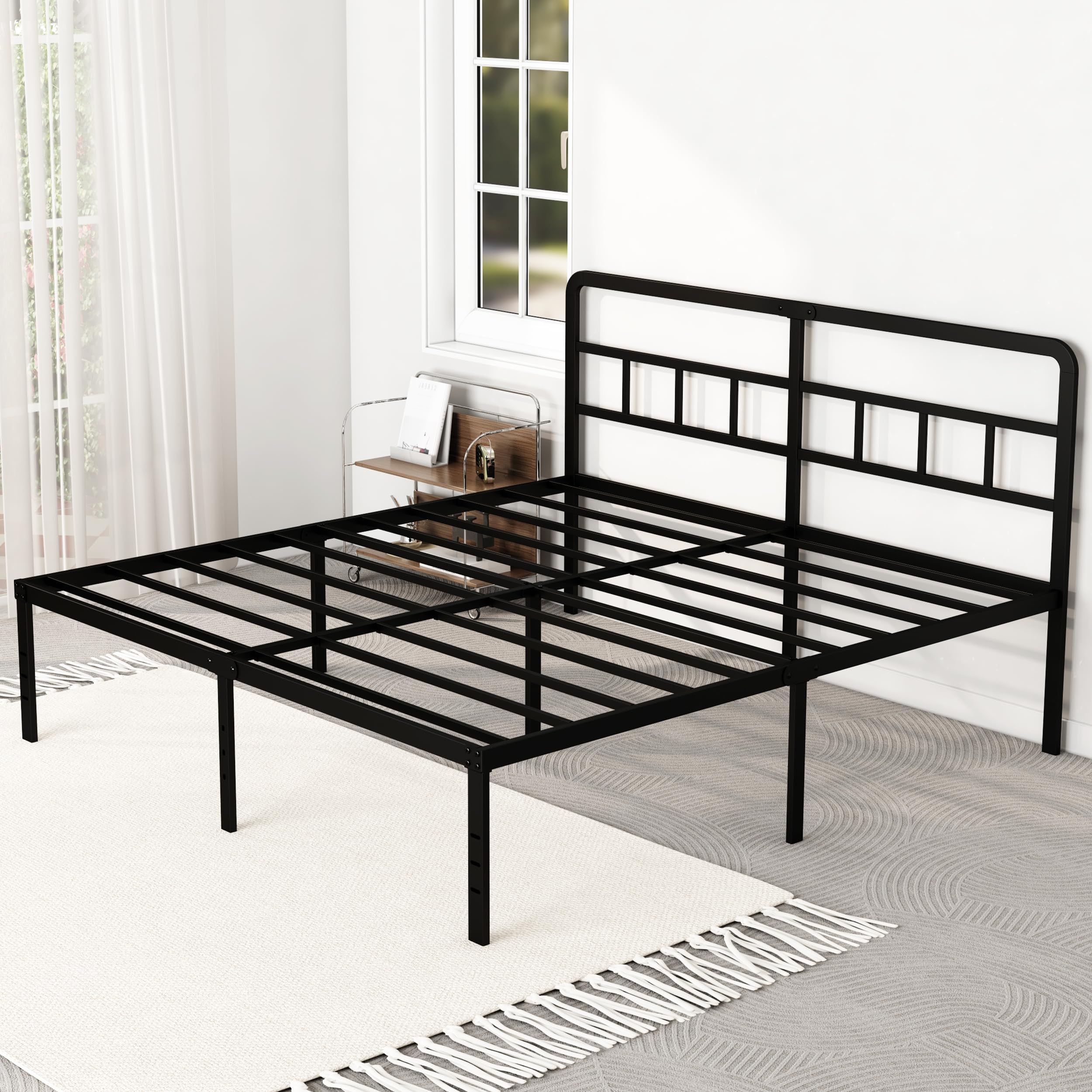 King Size Bed Frame with Headboard, 18 Inch Metal Platform No Box Spring Needed Heavy Duty Steel Slat Mattress Foundation/Easy Assembly/Noise Free/Black