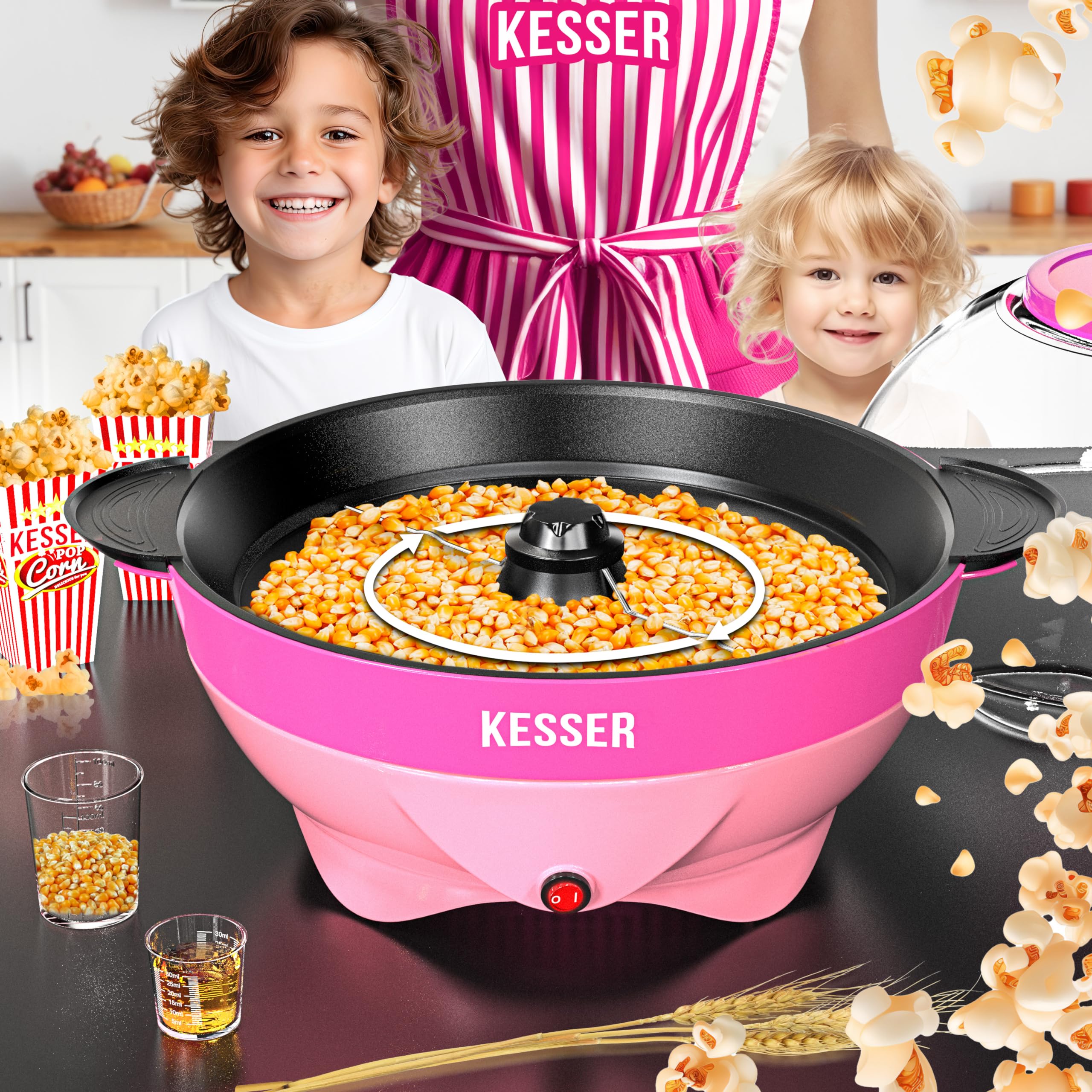 KESSER® Macchina Popcorn 800W | Popcorn Maker 5,5l con coperchio con rivestimento antiaderente e ciotola di servizio | incl. superficie di riscaldamento rimovibile e tazza per popcorn, 26849_mfn