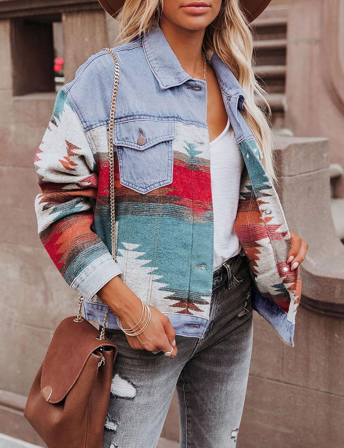 Lumister Women's Aztec Denim Jacket Distressed Lapel Long Sleeve Vintage Button Down Denim Jacket Shacket - Image 2