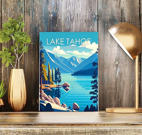 Miniatura 5 de Lago Tahoe - Ilustración artística para pared, decoración de paisaje retro, paisaje, obra de arte para decoración de cabaña, dormitorio y baño (Lago