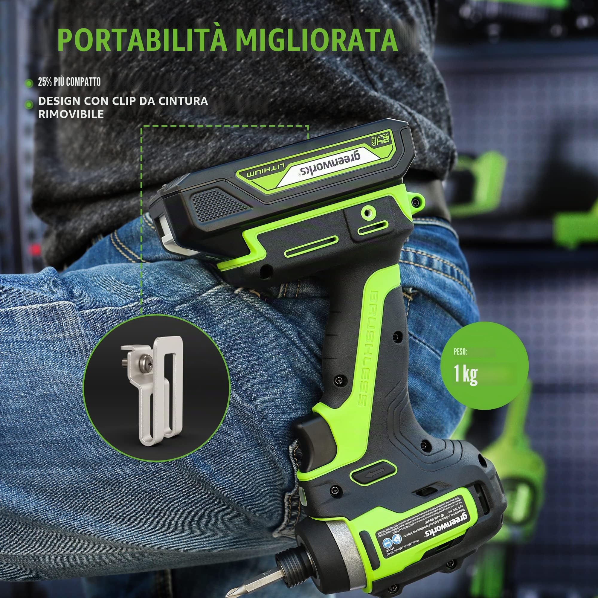GreenWorks Avvitatore a percussione senza spazzole 24V 1/4 "300 Nm Impact Driver 3 velocità (3500 IPM, 2800 RPM e 2800 in-lbs di coppia)