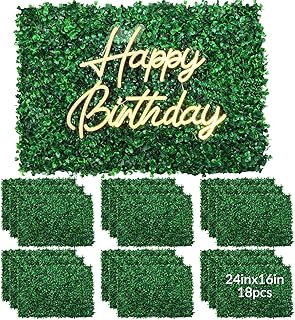 18 Pcs 24"x16" Artificial Grass Wall Panel, Neon Sign 16.5" x 12.2" with Dimmable Switch for Indoor Outdoor Patio Balcony Greenery Garden Privacy Fence Party Wedding Birthday Decor(Happy Birthday)