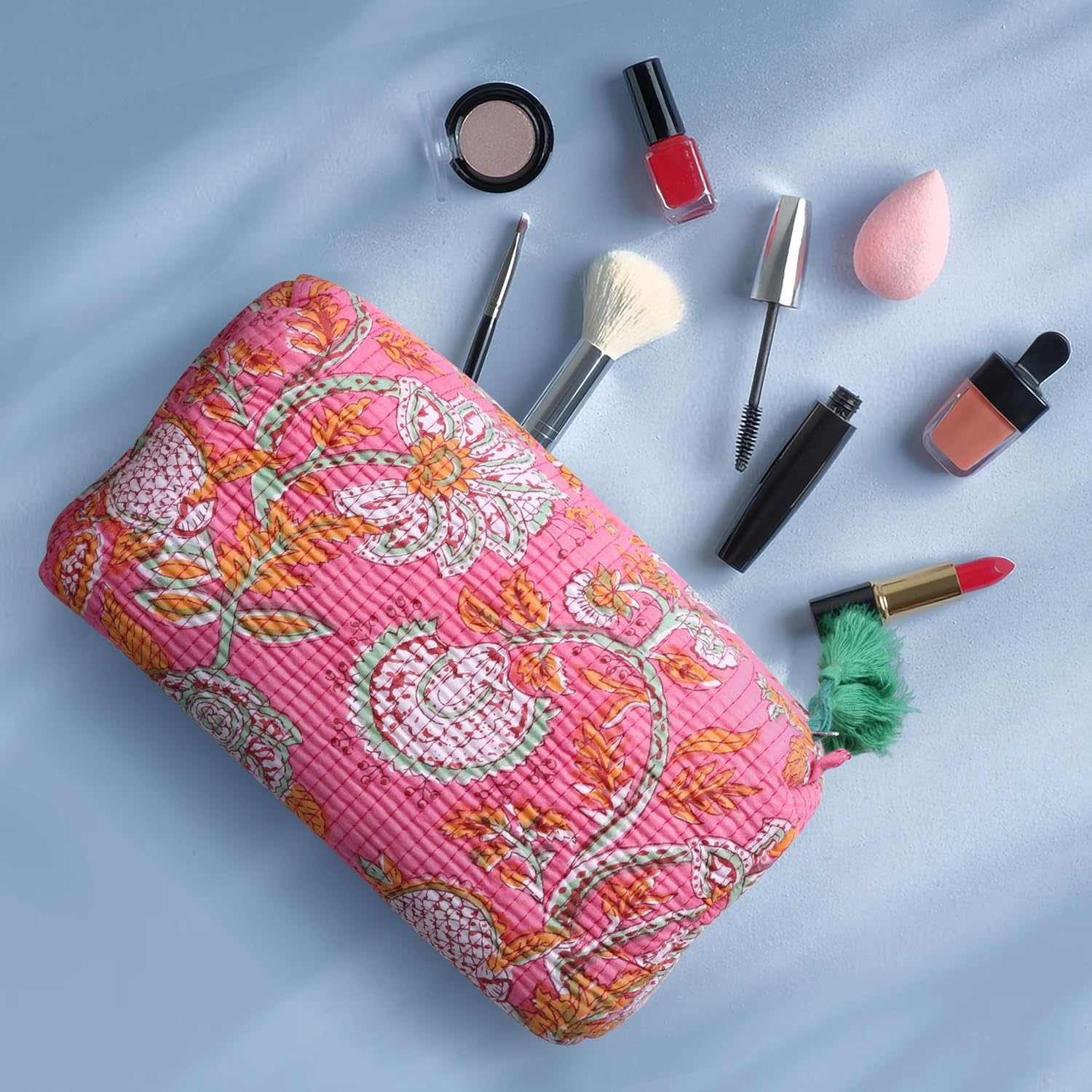 Block Print Designer Toiletry Bag & Makeup Case - Boho Floral Quilted Pouch for Cosmetics, Skincare - Waterproof Lined Organizer for Purse, Travel, Gift Large (9x7x4 inches) Multi 1 - Image 2