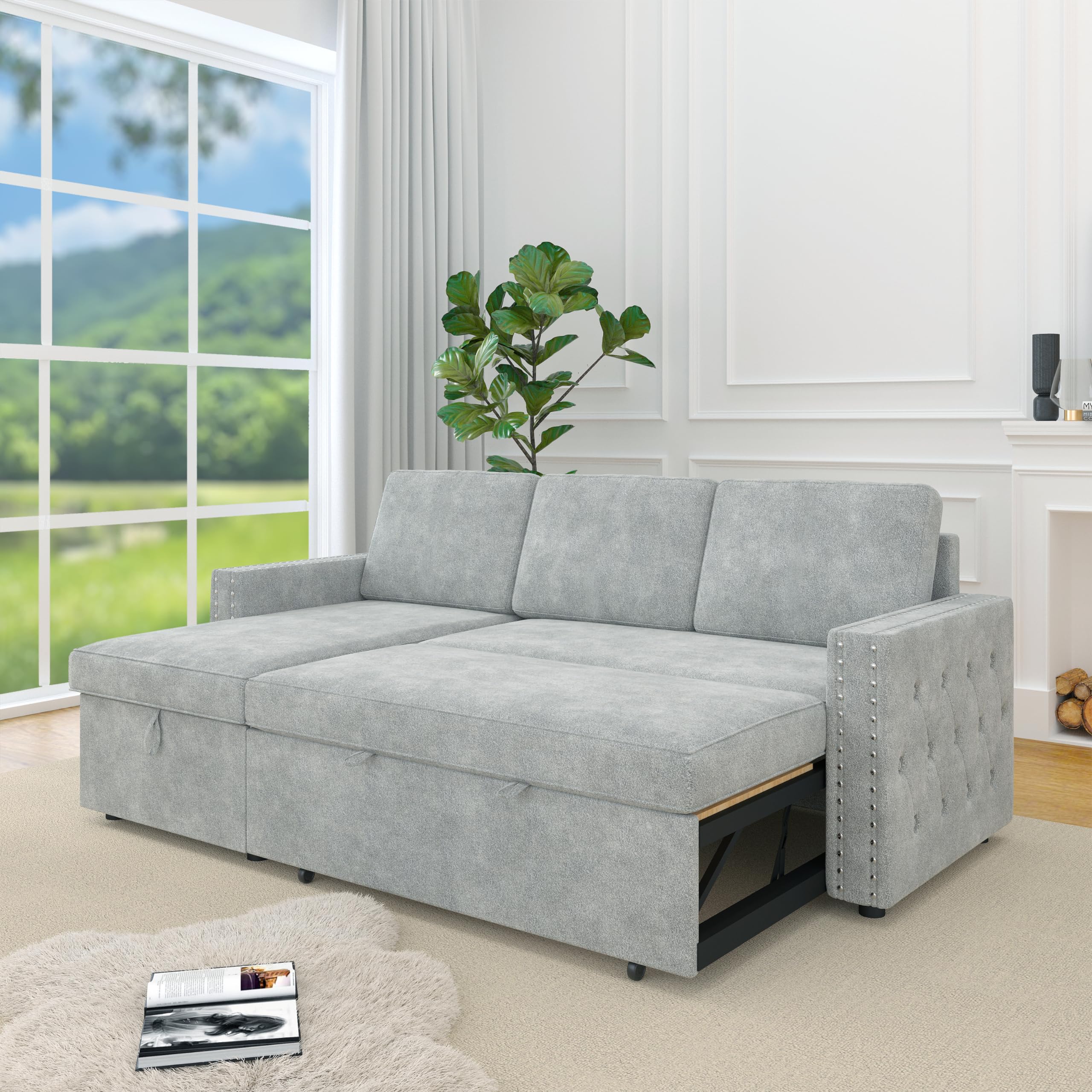 (Box 2 of 2)(Similar )Ball & Cast 85" Sleeper Sofa with Storage Chaise, Chenille Upholstered Reversible Sectional Couch with Pull Out Bed, Button Tufted Armrest with Nailhead Trim,for Living Room,Apartment,Light Grey