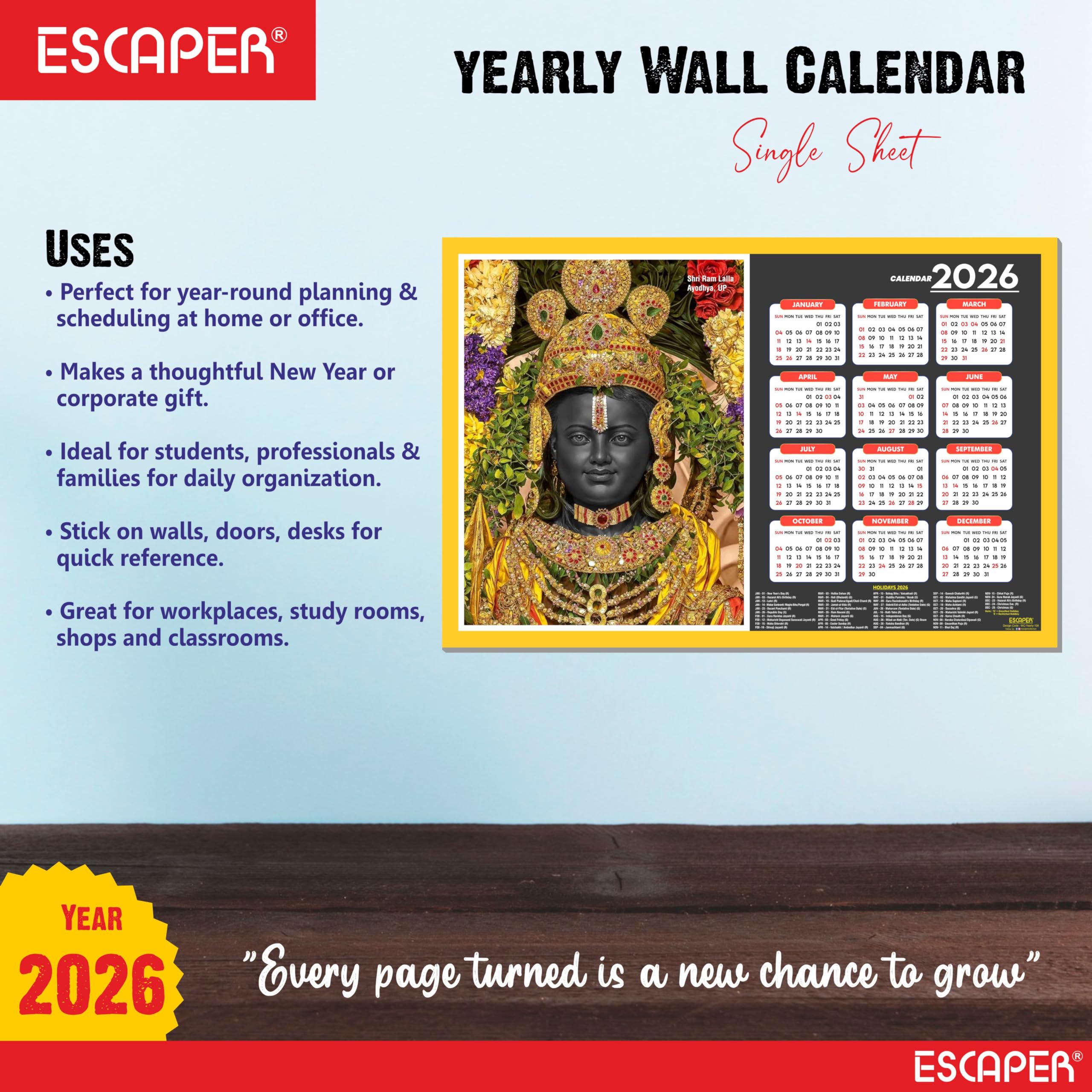 ESCAPER Calendario de pared Shri Ram Lalla 2026 – 45 x 30 cm, templo Shri Ram Lalla y fotos, calendario de pared religioso del dios hindú para el hogar, la oficina y la habitación Pooja