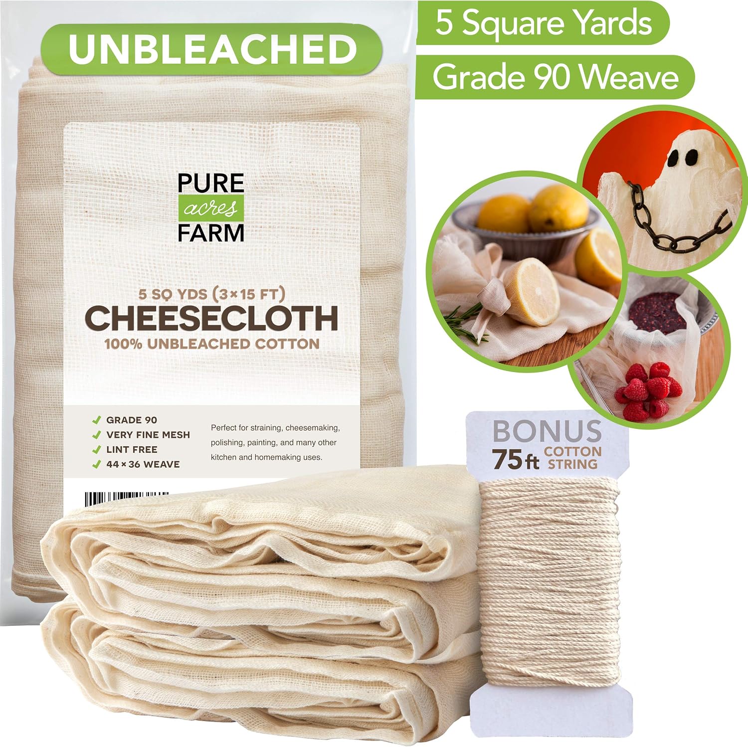Cheesecloth - 5 Yards - Fine Weave: Grade 90-100% Unbleached Cotton - Filter - Strain - Reusable (Cotton String Included)
