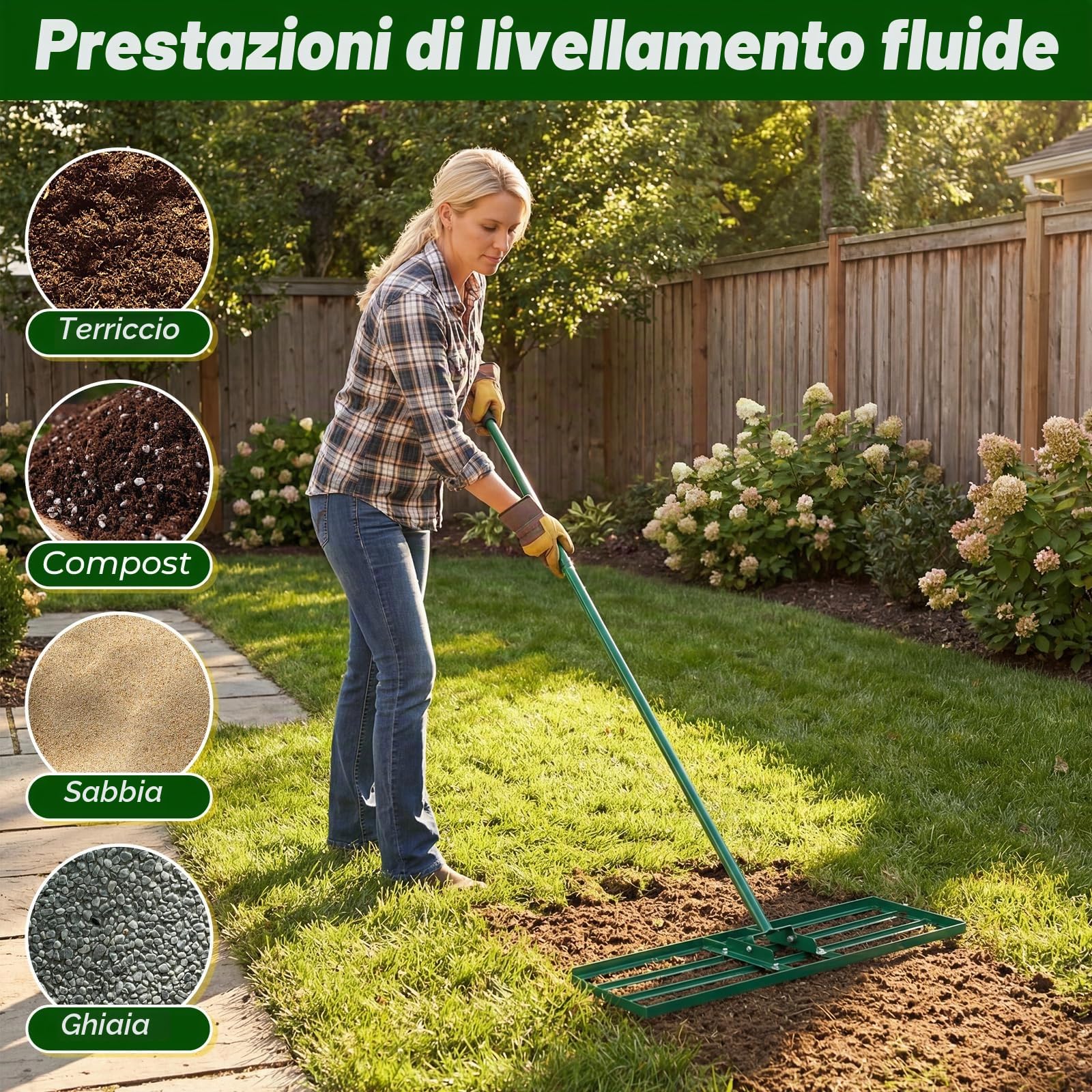 FANTASK Rastrello livellante in metallo, 170 x 75 cm x 25 cm, livellamento rastrello per prato con impugnatura ergonomica, strumento per prato per giardino, cortile, campo da golf (verde)