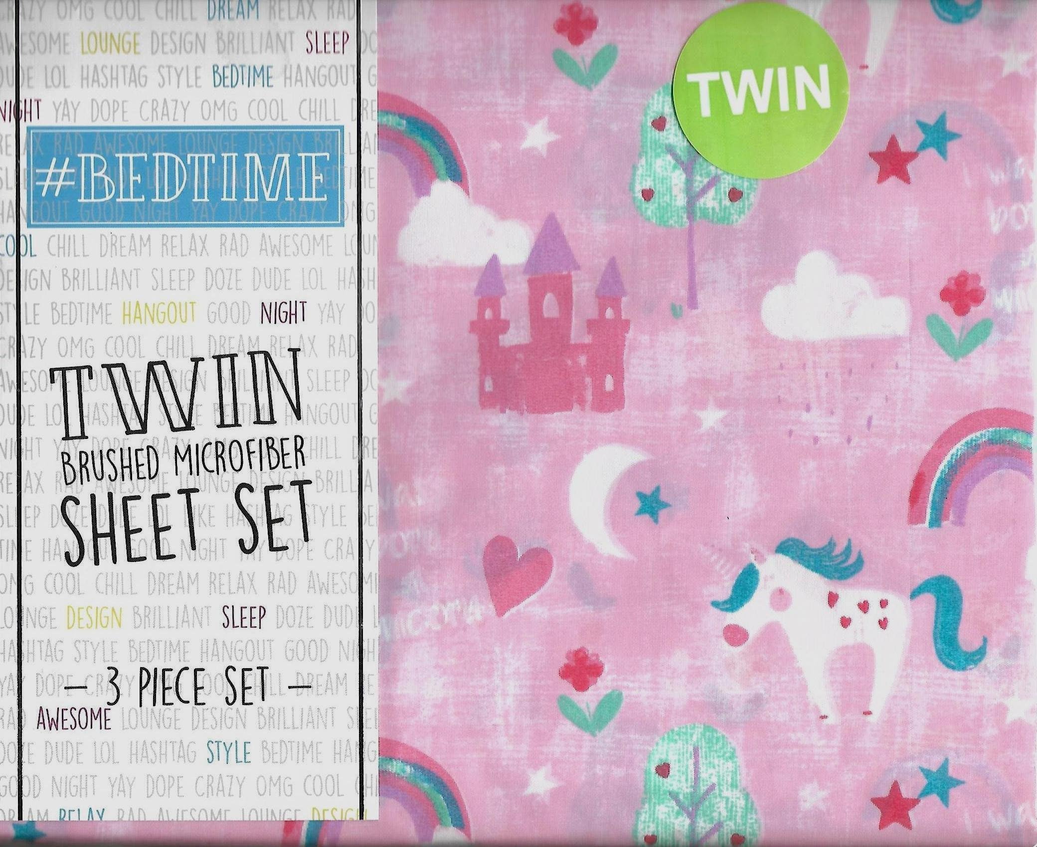 #Bedtime Jeanie Unicorn Pink 3 Piece Twin Sheet Set Castle Hearts Stars Moon Flowers Rainbows