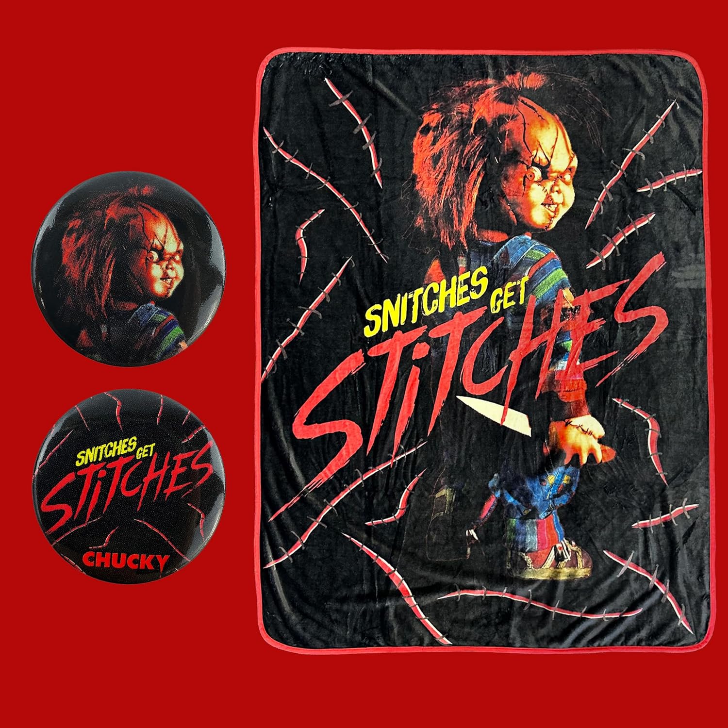 Child's Play Throw Blanket Snitches Get Stitches Soft Fleece Plush Blanket with Buttons 45" x 60"