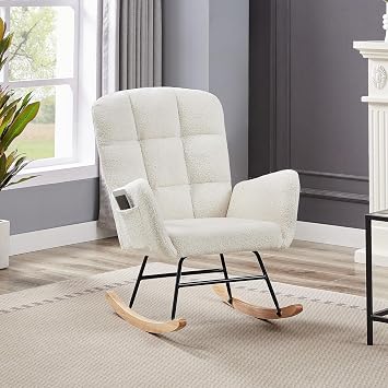 Modern Accent Rocking Chair, Upholstered Teddy Fabric Accent Armchair with High Backrest and Armrest for Living Room Beige