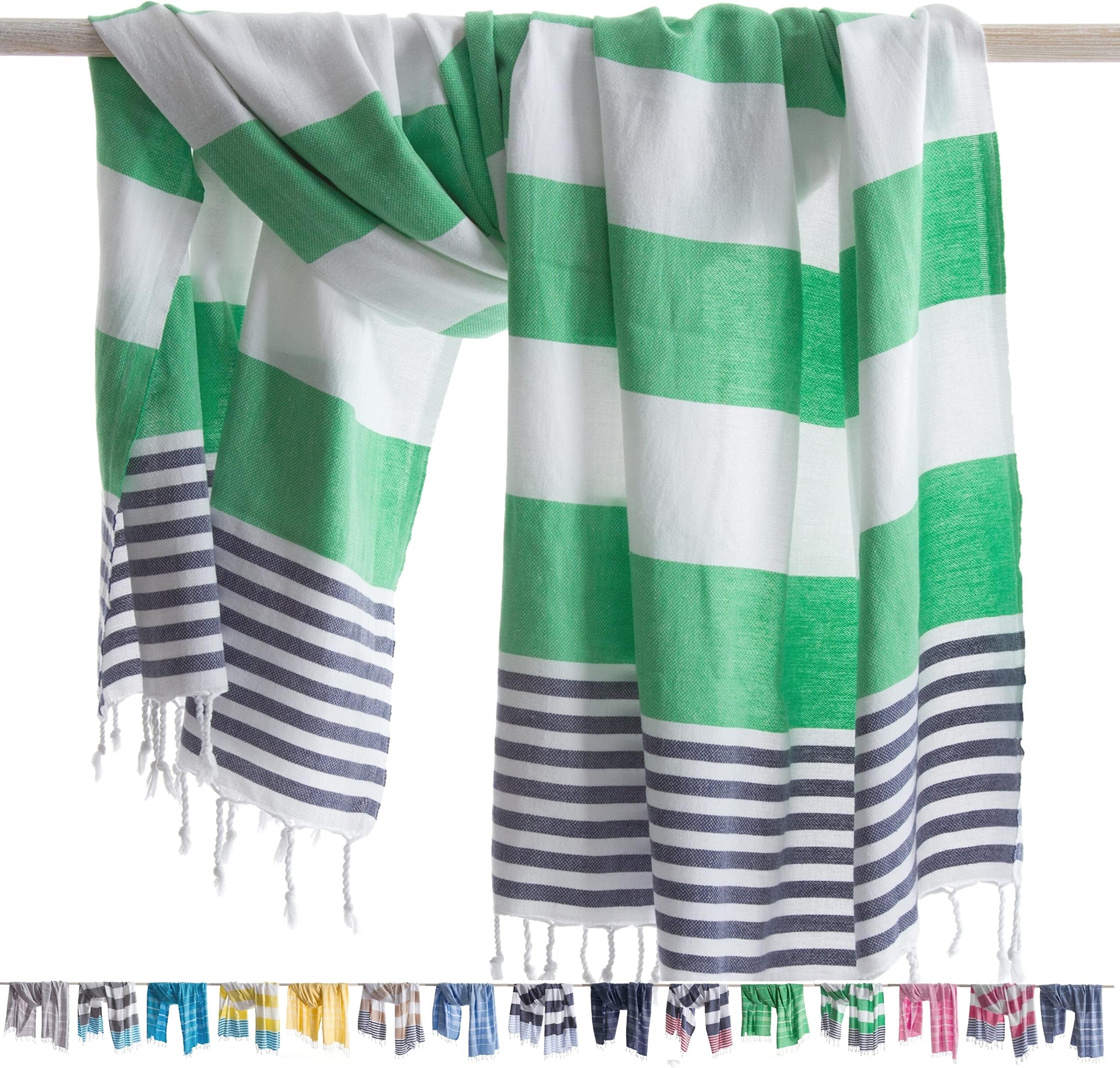 ANATURES MARINA Apple Green/Navy - PREWASHED and SOFT - Pestemal Turkish Beach Bath Towel - Hammam Turkish Towels - 100% cotton - Peshtemal Beach Towels (Apple Green/Navy)