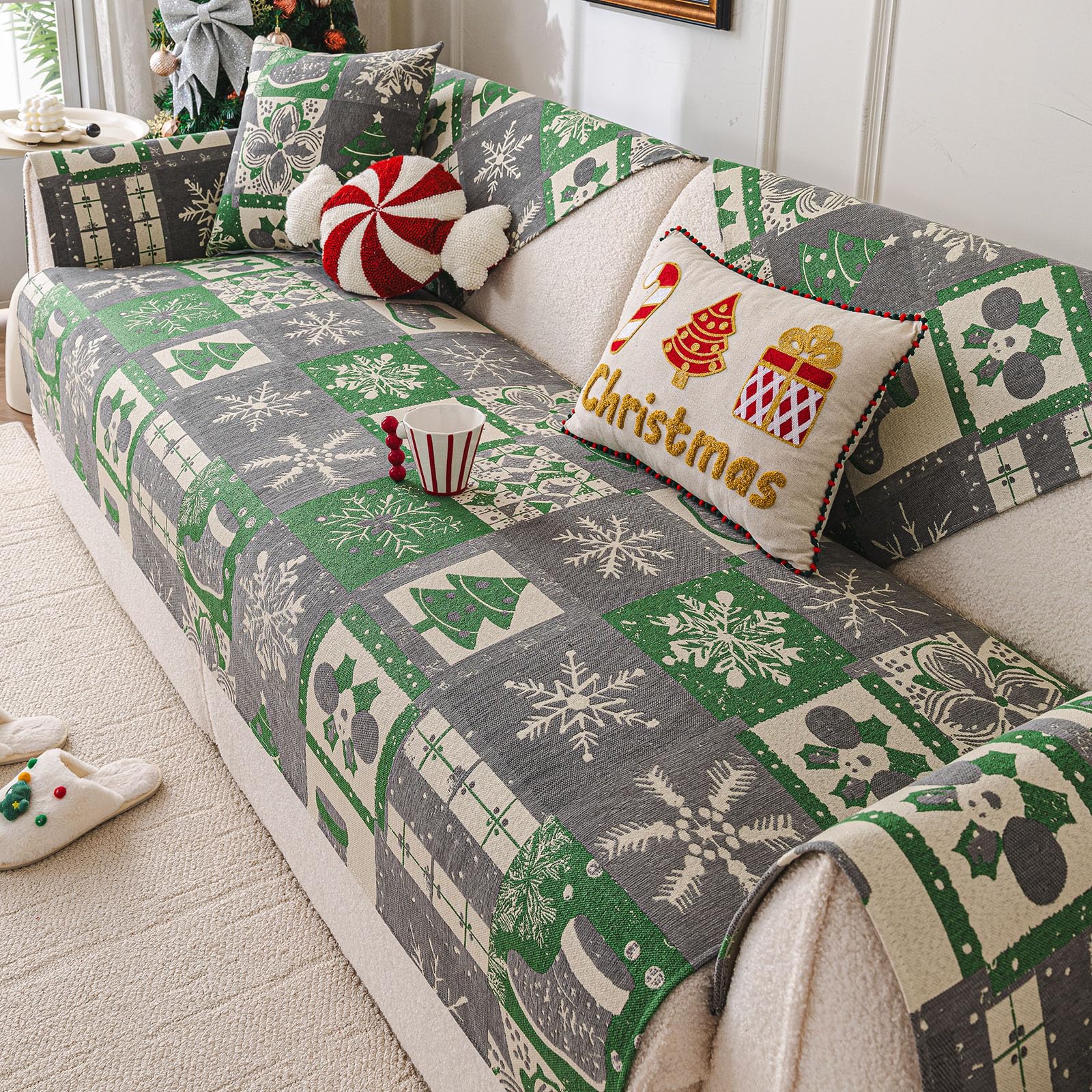 vctops Christmas Couch Cover, Christmas Decorations Soft Chenille Checkered Sofa Cover Washable Non-Slip Sectional Couch Cover for Dogs, Children, Pets Furniture Protector (Grey,36"x94")