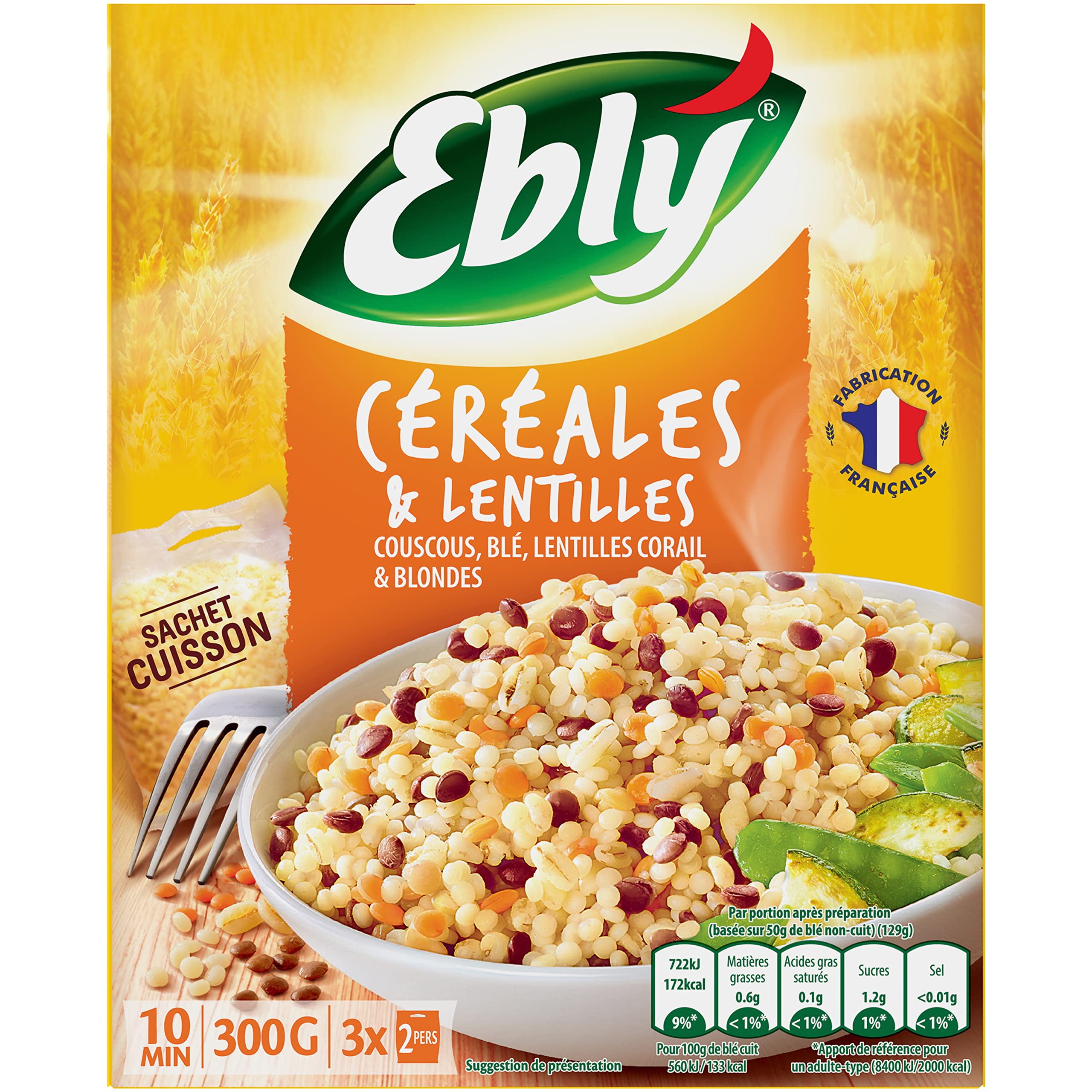 EBLY Céréales & Lentilles Couscous/Blé/Lentilles Corail/Blondes Cuisson 10 Minutes 3 Sachets de 100 g