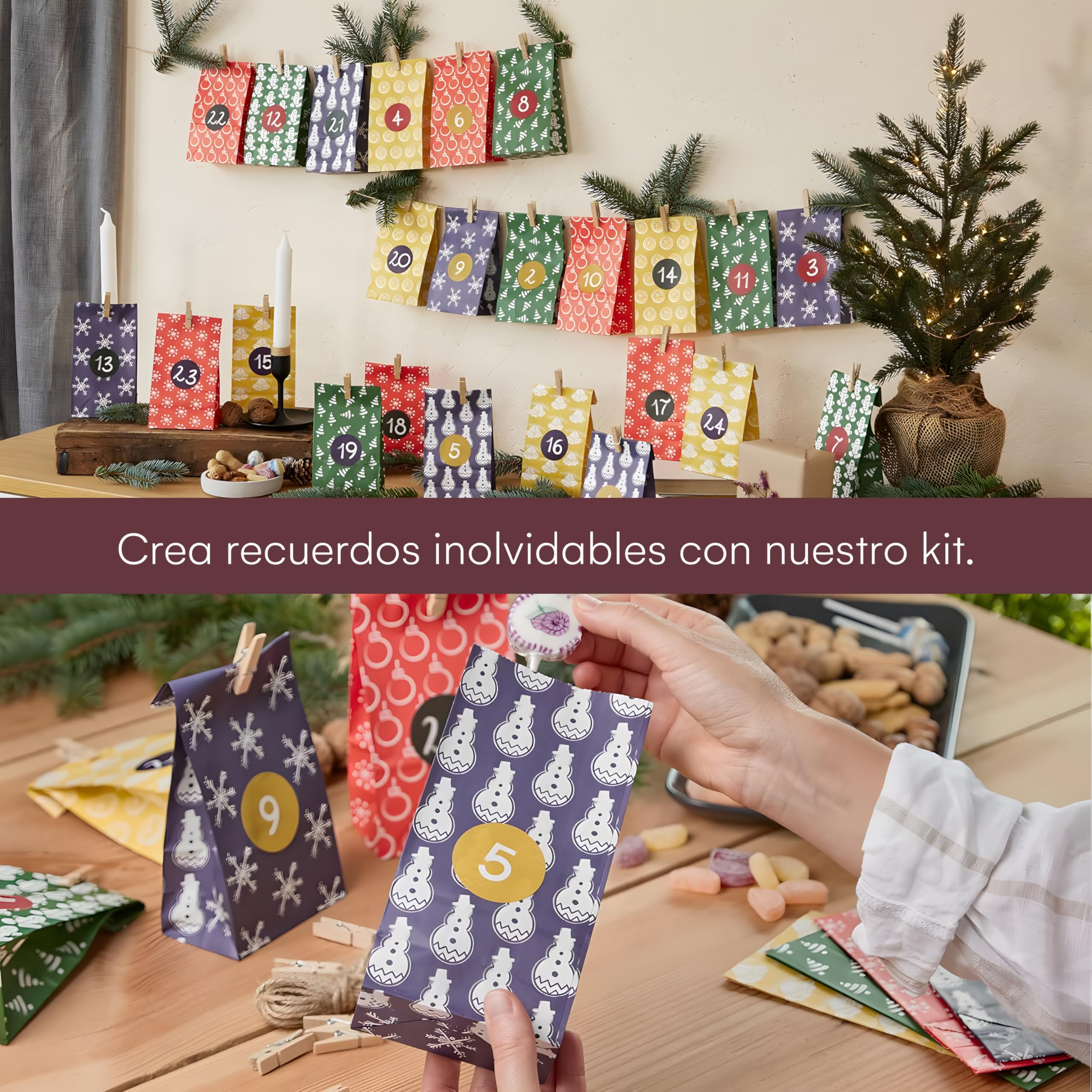 Calendario de Adviento para Rellenar DIY 2025 - Incluye 24 Bolsas Reutilizables, Pegatinas Numeradas y Pinzas de Madera - Calendario de Adviento Artesanal LIVAIA para Decoración Navideña
