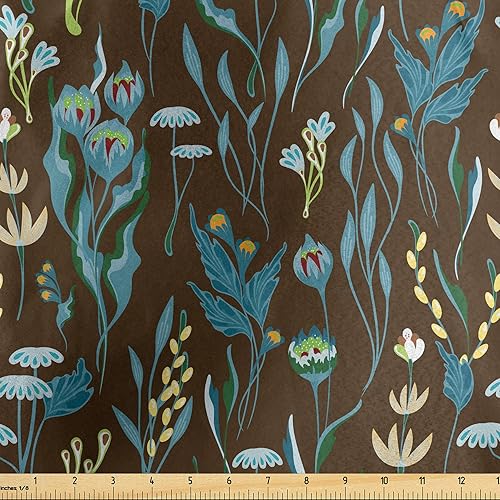 Ambesonne Brown Floral Fabric by The Yard, Tropical Breeze Exotic Flowers Spring Birth of The Botanical Artwork, Decorative Satin Fabric for Home