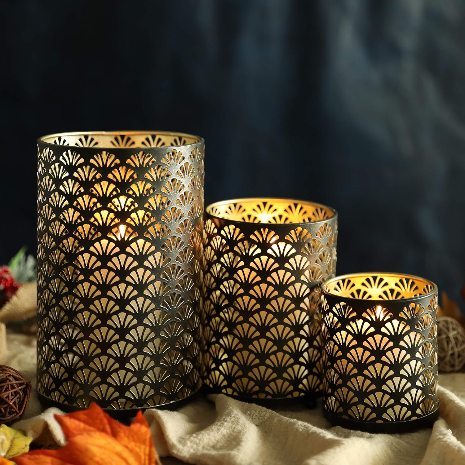 JHY DESIGN Set of 3 Metal Candle Holders Bronze Hurricane Pillar Candleholder Vintage Table Candlestick Holders Great Centerpieces for Home Decor Wedding Parties Events: Kitchen & Dining