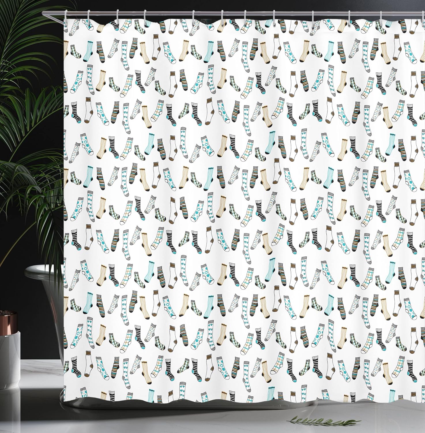 Ambesonne Cartoon Shower Curtain, Messy Teenager Room Rain of Socks Laundry Themed Funny Art, Cloth Fabric Bathroom Decor Set with Hooks, 69" W x 75" L, Dark Blue Beige