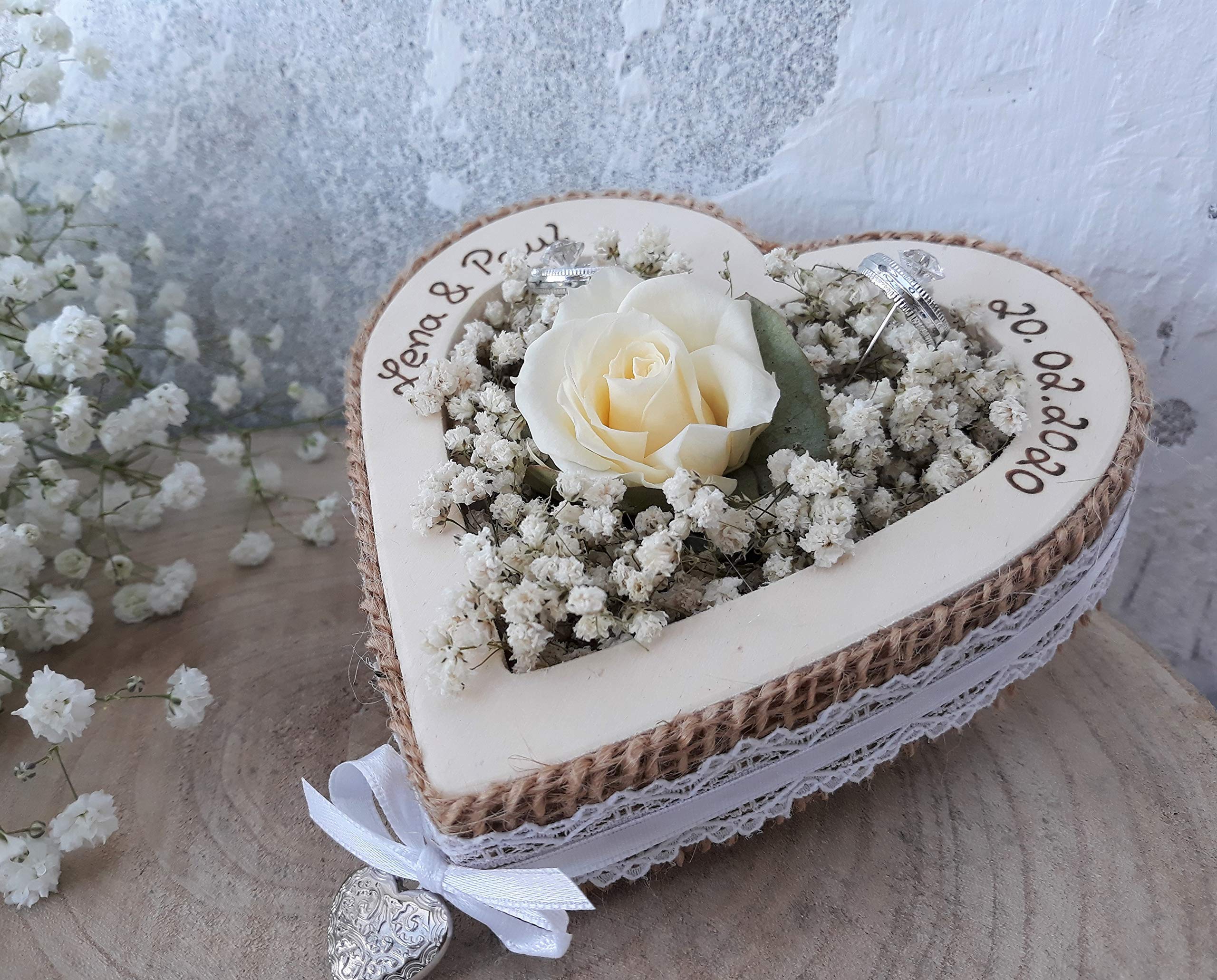 Hochzeit Ringkissen Ringhalter Herz Rose Loveliness creme für Eheringe mit Namen