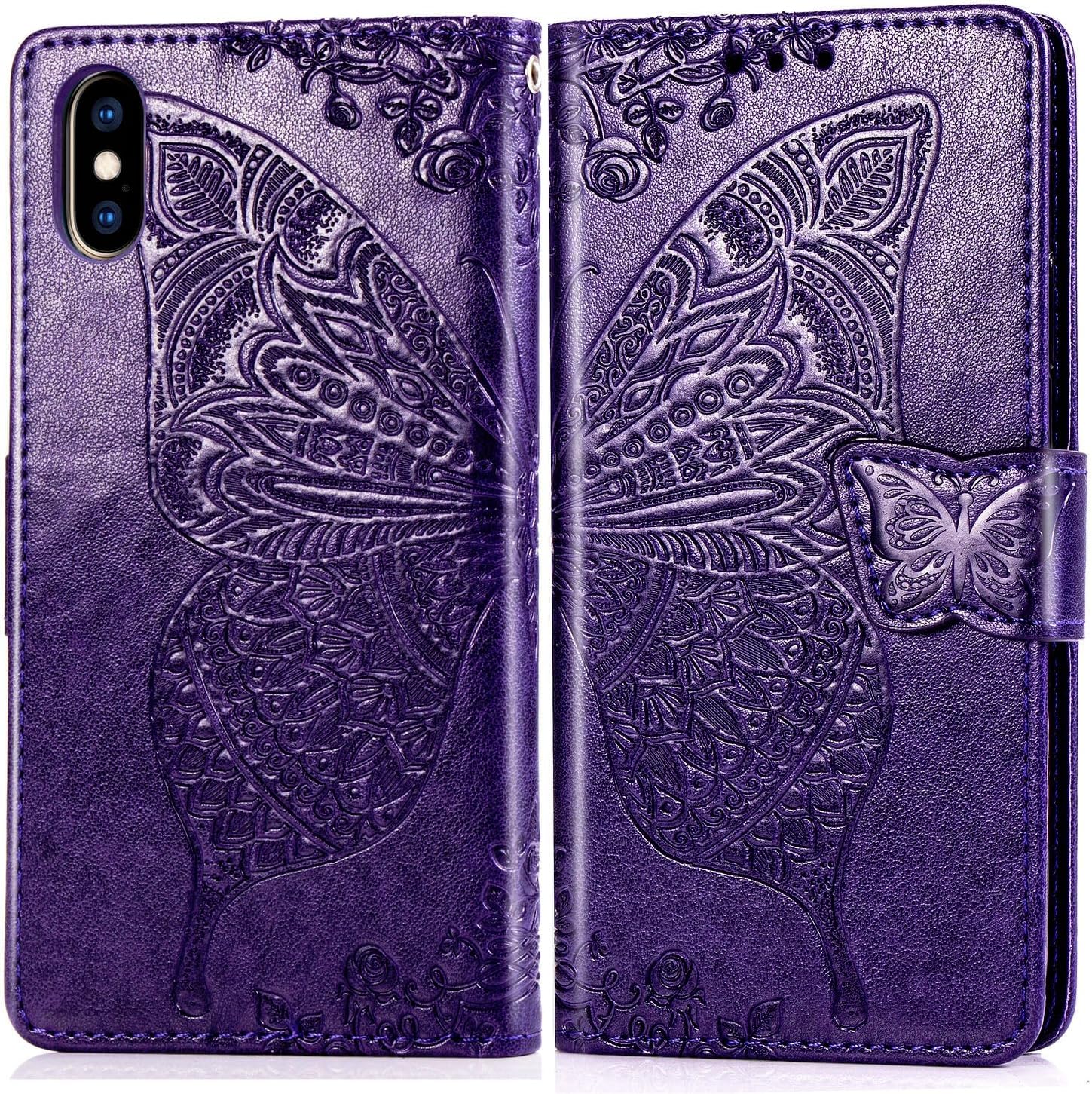 HAOTP for iPhone Xs Phone Case Wallet,Women Flip Folio Cover for iPhone X with Credit Card Holders Emboss Butterfly Flower PU Leather Purse Wrist Strap Kickstand Case for iPhone X/XS 5.8 inch Purple - Image 7