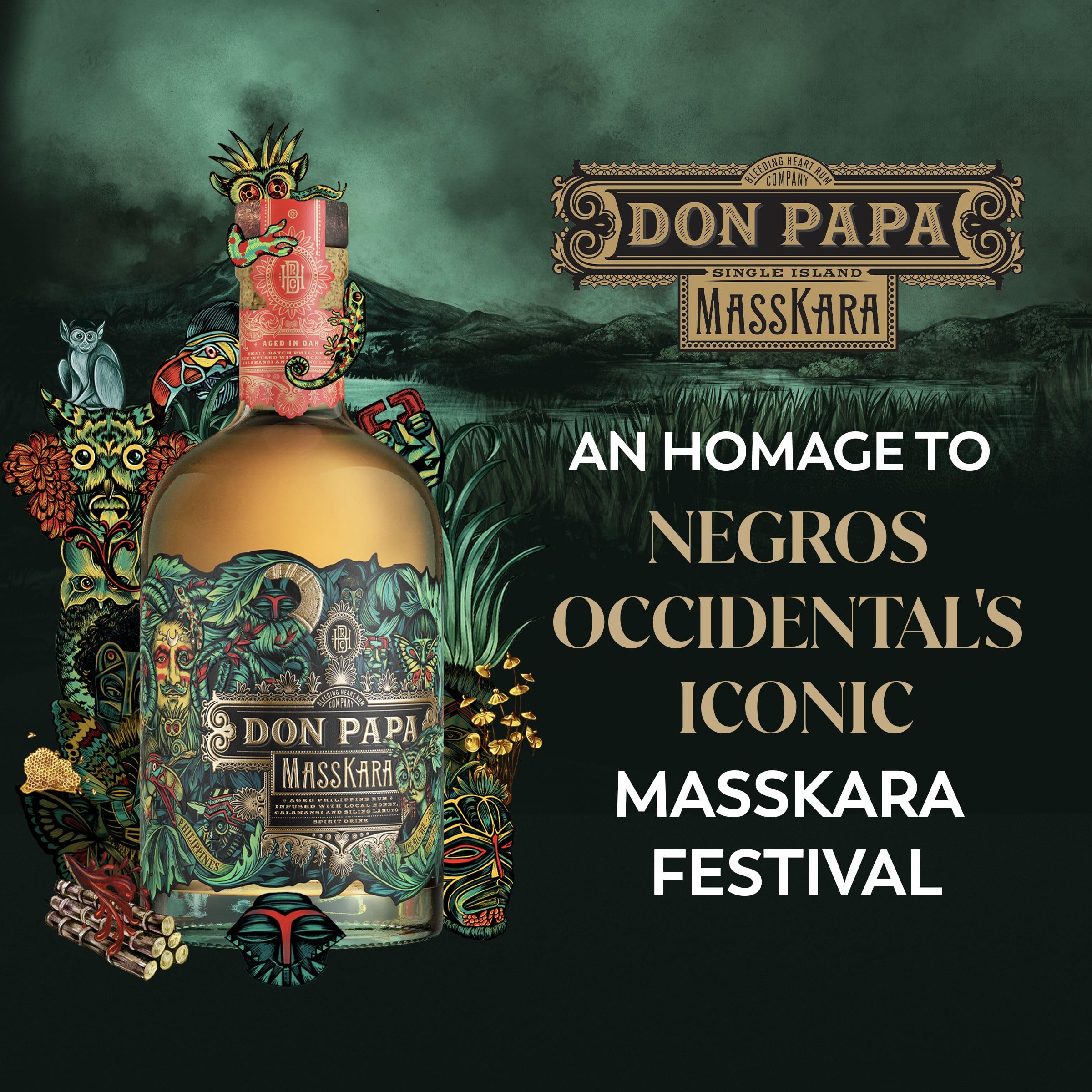 Don Papa Masskara, 700 ml, alc. 40% vol., ron especiado, destilado en Sugarlandia, Filipinas, edición de lujo e idóneo para cócteles