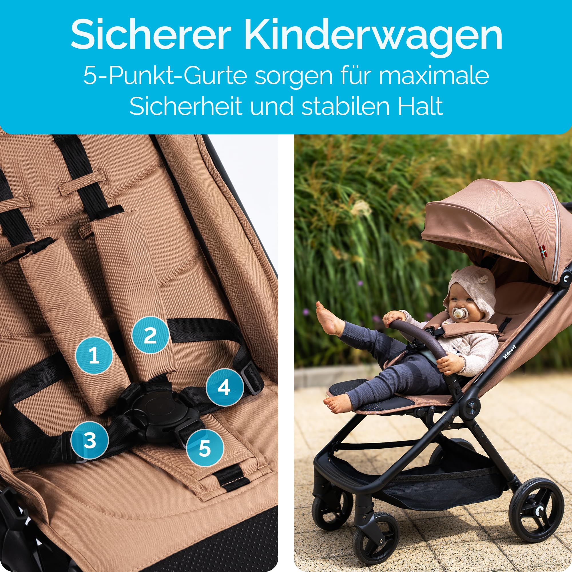 Snøugle Passeggino Leggero da Viaggio Pieghevole con una Mano fino a 22 kg Schienale Reclinabile Ruote Ammortizzate Cintura a 5 Punti Cappottina Estensibile Accessori Inclusi Beige
