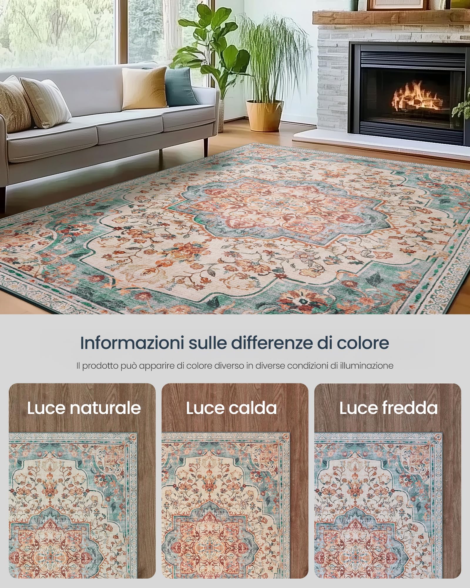 SONGMICS HOME Tappeto Antiscivolo 200 x 290 cm Camera da Letto, Stile Vintage Tradizionale, Ornamento per Soggiorno, Cucina, Ingresso, Sala da Pranzo, Lavabile in Lavatrice, Blu Acqua TAR310Q01
