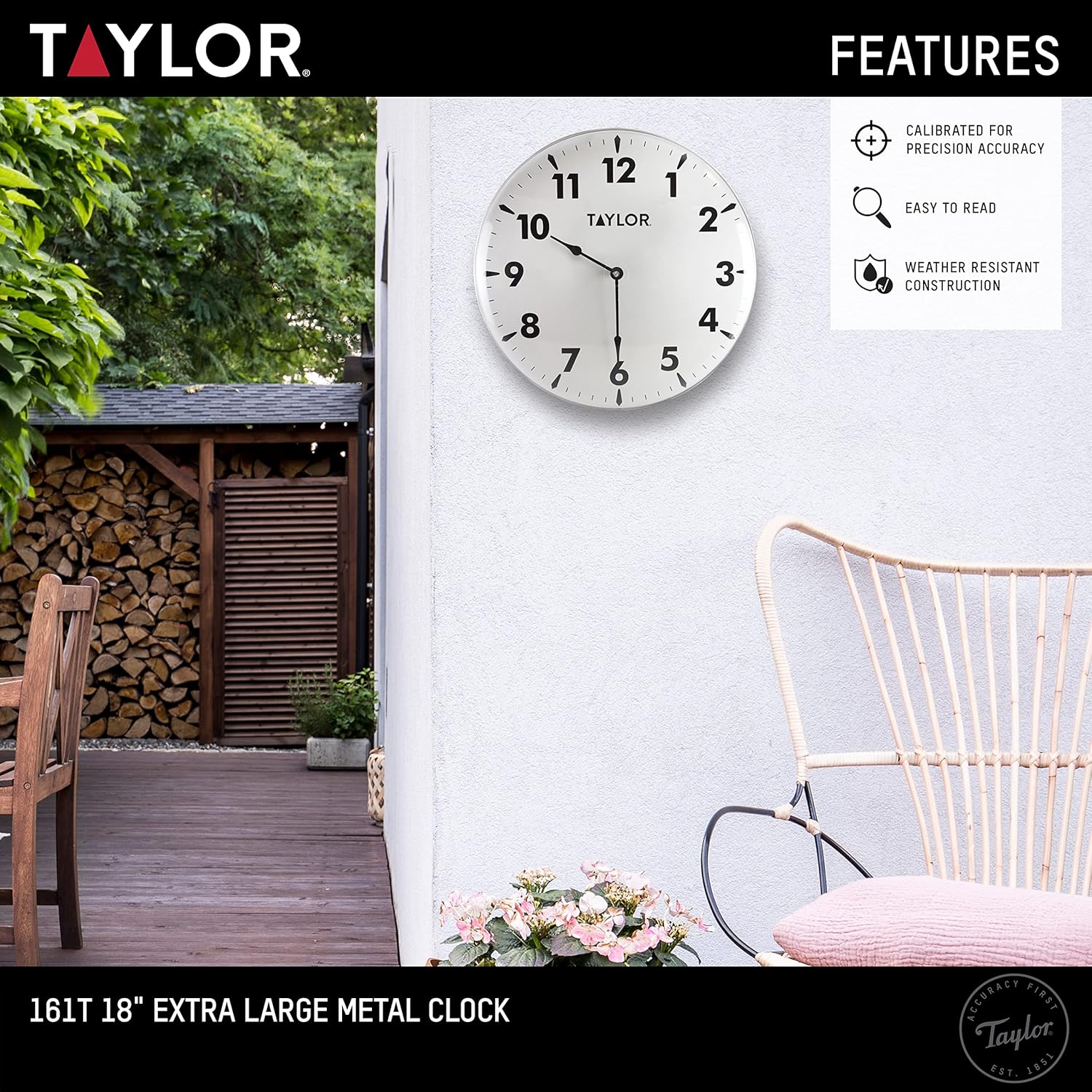 Taylor Indoor Outdoor Metal Wall Clock, Wireless Thermometer with Easy to Read Large Numbers for Patio, Pool, and Indoor Areas, 18-inch
