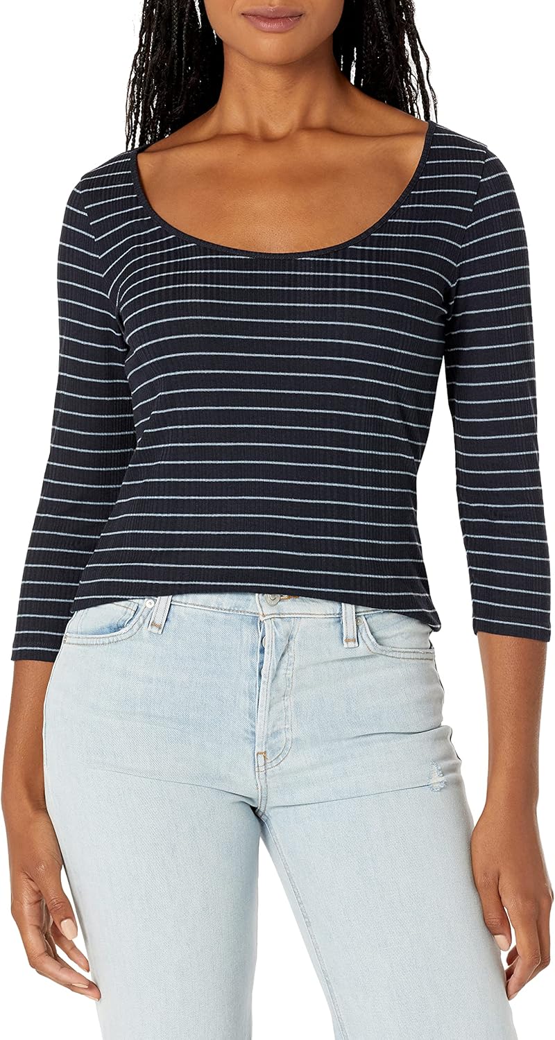 Vince Womens Striped Rib 3/4 SLV Scoop Nk - Image 2