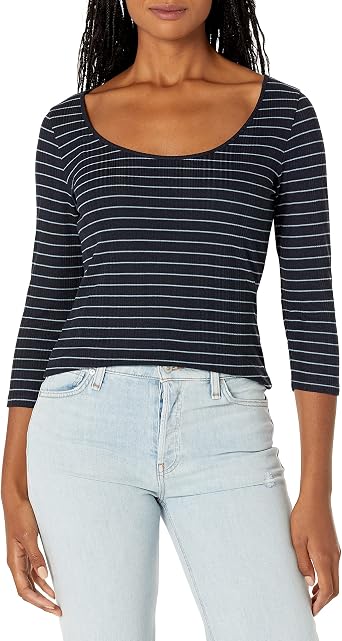 Vince Women's Striped Rib 3/4 SLV Scoop Nk