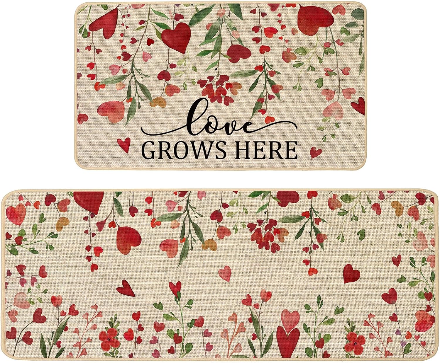 Baccessor Valentines Day Kitchen Mats Set of 2, Floral Leaf Red Love Heart Kitchen Rugs Romantic Kitchen Mats for Floor Non Slip Anniversary Wedding Party Home Decor 17x29 and 17x47 Inch
