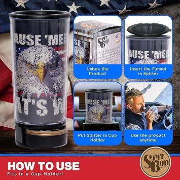 Merica That's Why by Spit Bud - The Ultimate Spittoon for Chew - Portable Dip & Snuff Cup with Lid, Pop Tab, Spill-Proof Funnel, Can Cutter & Holder - Fit in Cup Holders - Holds 8oz - Made in USA