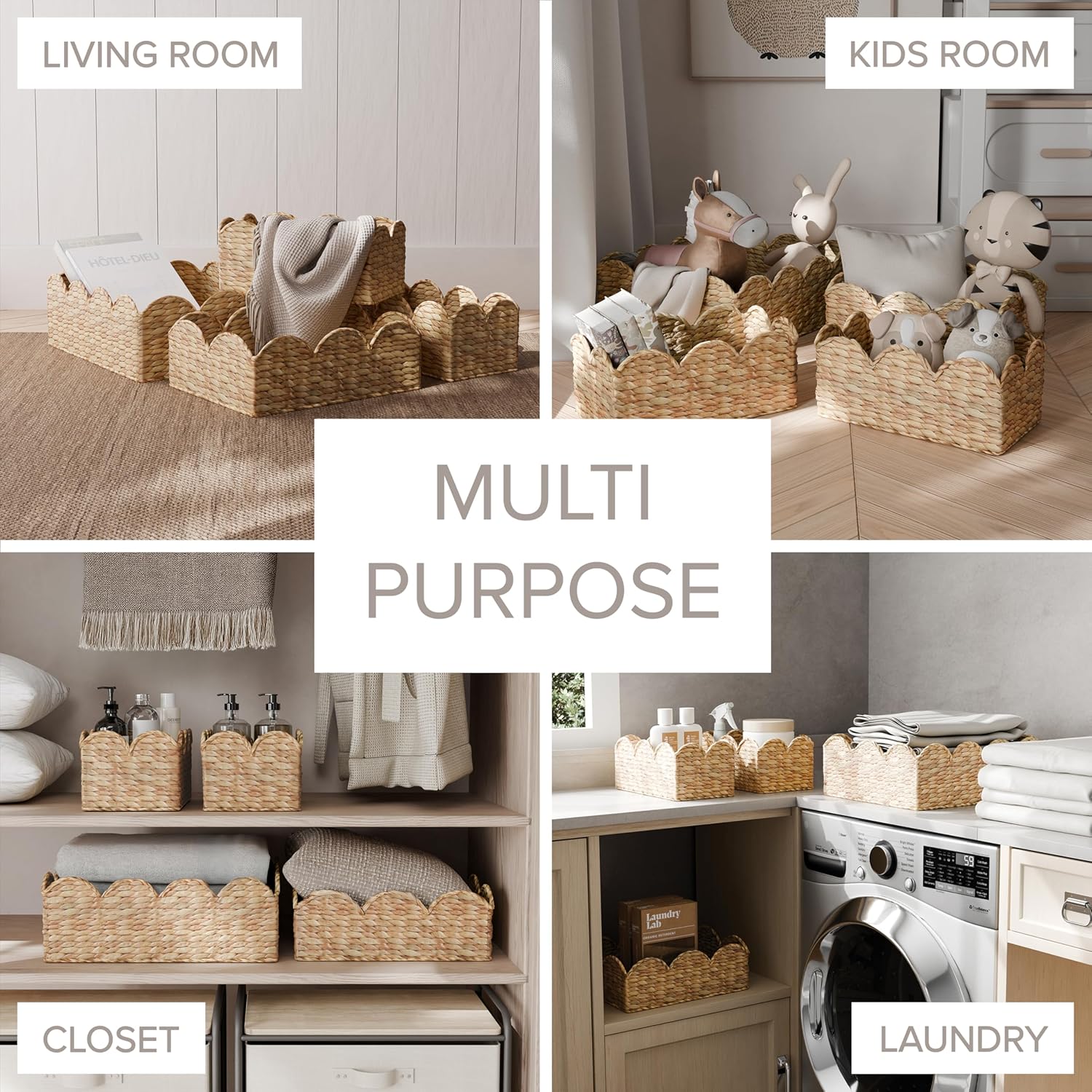 RGI Home Scalloped Edge Baskets, Water Hyacinth, Set of 4 Woven Decorative Baskets, Multi-sized for Organizing in Any Room, Natural Finish