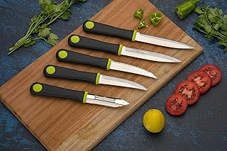 OMORTEX Premium Soft Grip Stainless Steel Blade Knife Set with Peeler Combo Pack of 5 Multipurpose Kitchen Cutting Knives Price In India