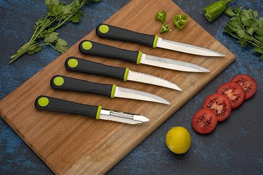 OMORTEX Premium Soft Grip Stainless Steel Blade Knife Set with Peeler Combo Pack of 5 Multipurpose Kitchen Cutting Knives ...