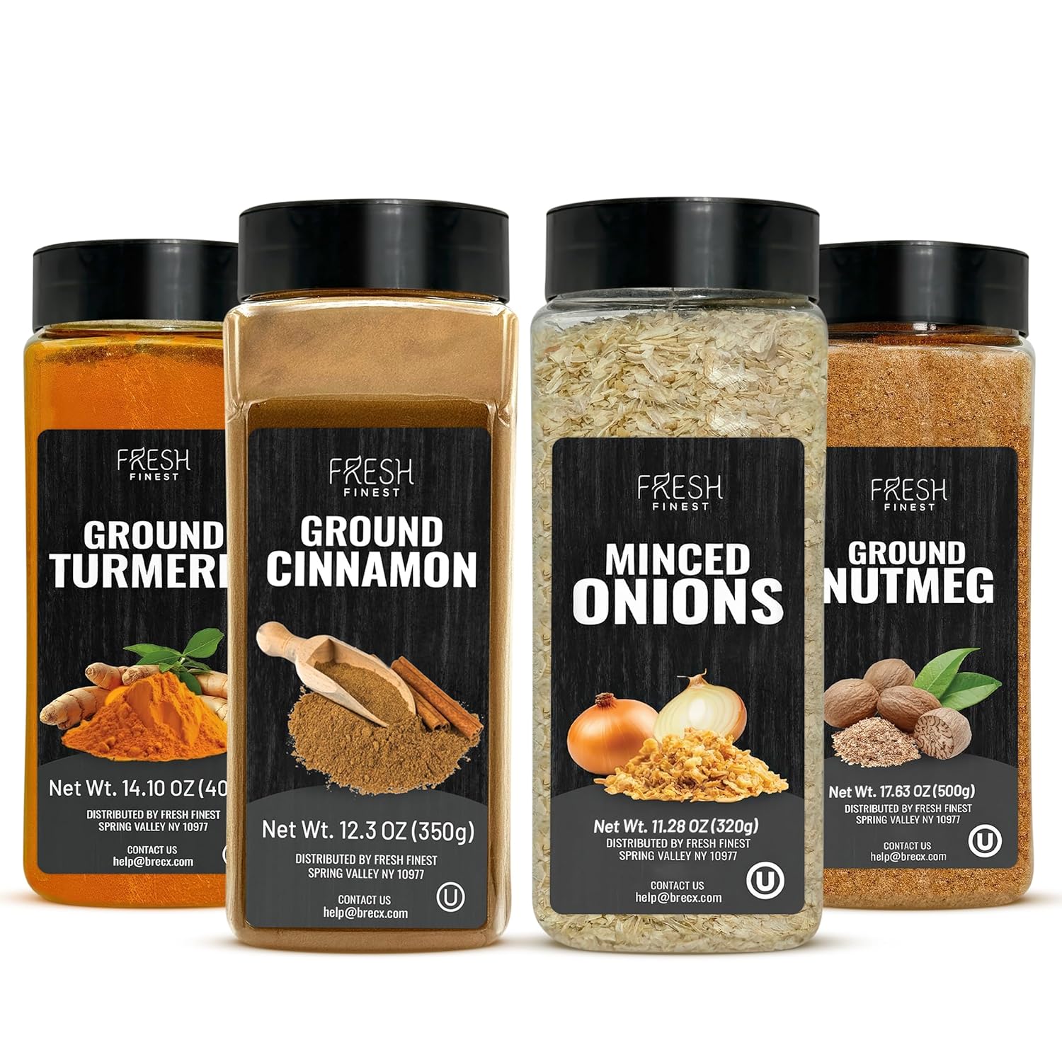 Fresh Finest Turmeric Powder 14.1oz, Ground Cinnamon 12.3oz, Minced Onion Flakes 11.28oz & Ground Nutmeg Powder 17.63oz Bundle. Premium Spice for Cooking and Baking, Kosher & Non-GMO.