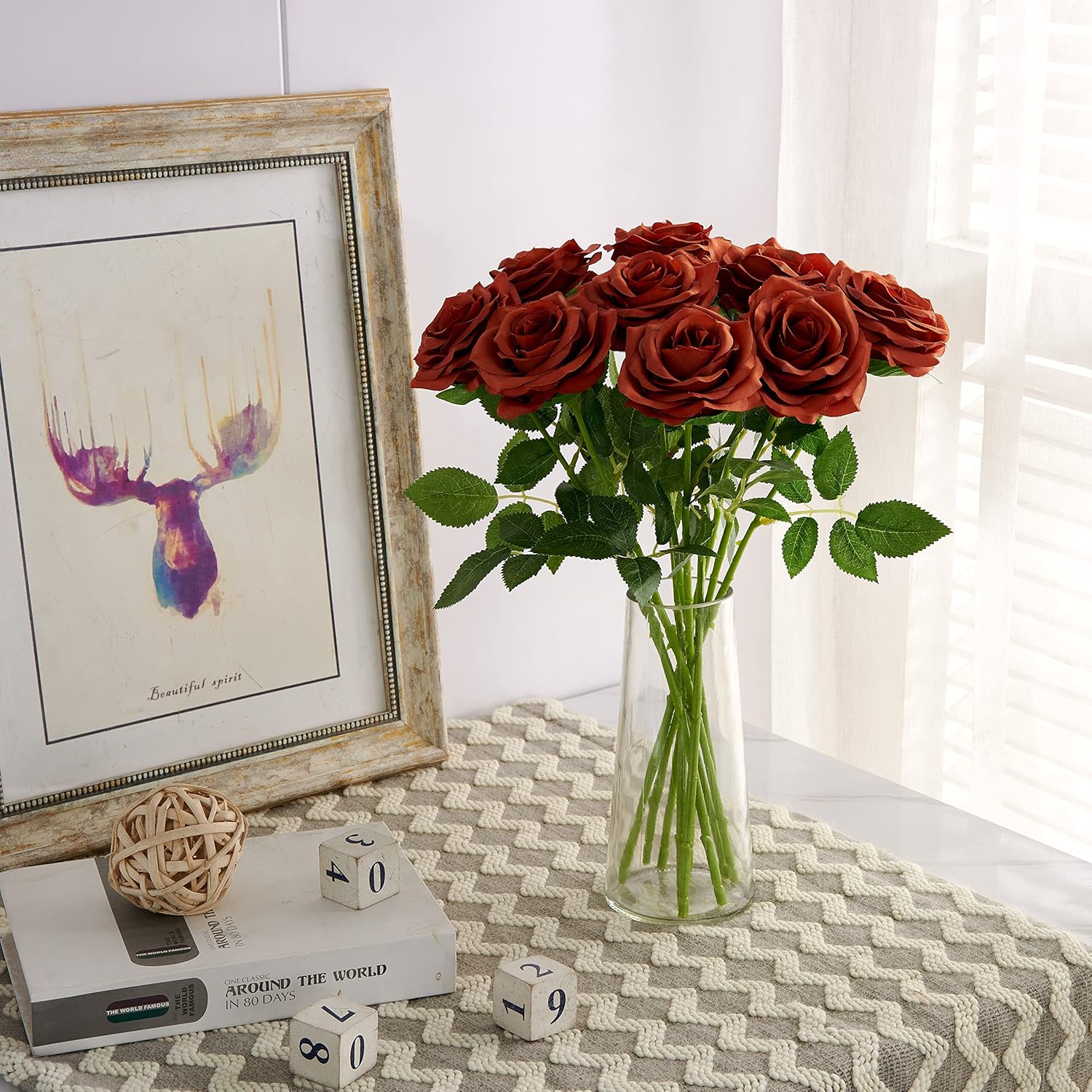 Artificial Rose 10pcs Open Flower Bouquet Faux Rose Stems for Wedding Arrangement, Bridal Bouquet, Centerpiece, Fake Faux Silk Flowers (Burnt Orange) - Image 2