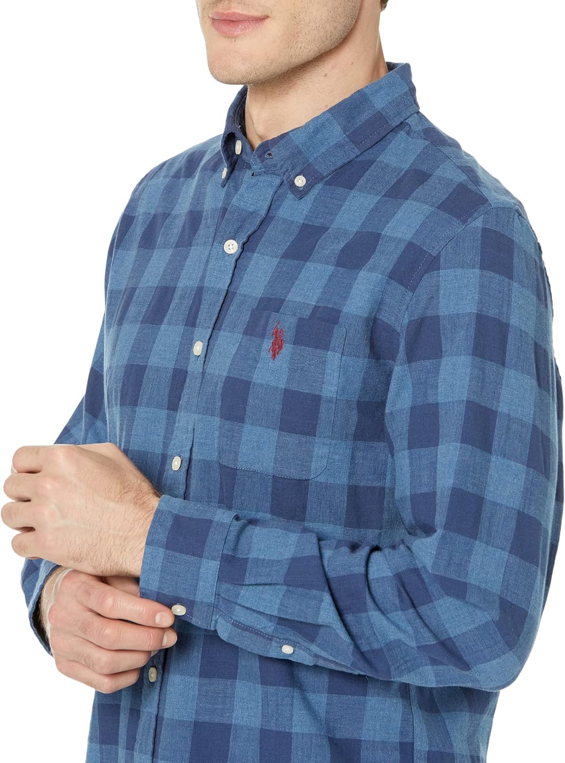U.S. Polo Assn. Long Sleeve Slim Fit Buffalo Plaid Woven Shirt Rinse Blue Heather SM - Image 3