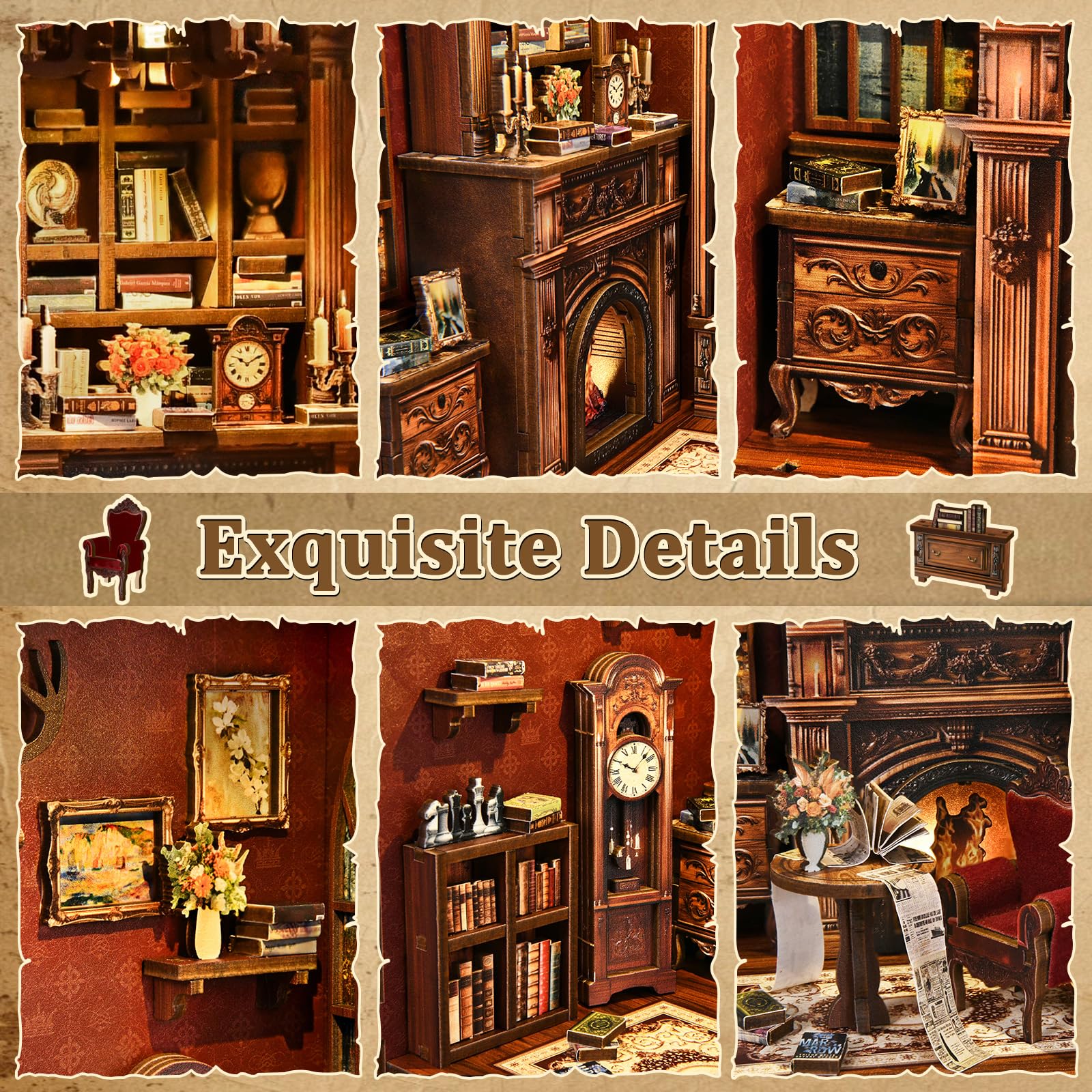 Book Nook,Sagiterra Dollhouse Kit,DIY Miniature Kit for Adults and Teens,3D Wooden Book Shelf Decoration for Family and Friends,Bookshelf Decor in Halloween/Christmas (Brown) - Image 3