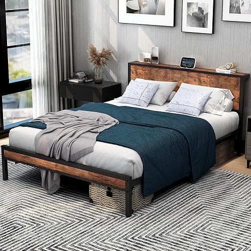 Miniatura 3 de DUMEE Base de cama tamaño Queen con cabecera de almacenamiento de madera, marcos de cama de plataforma Queen de metal, no necesita somier, sin