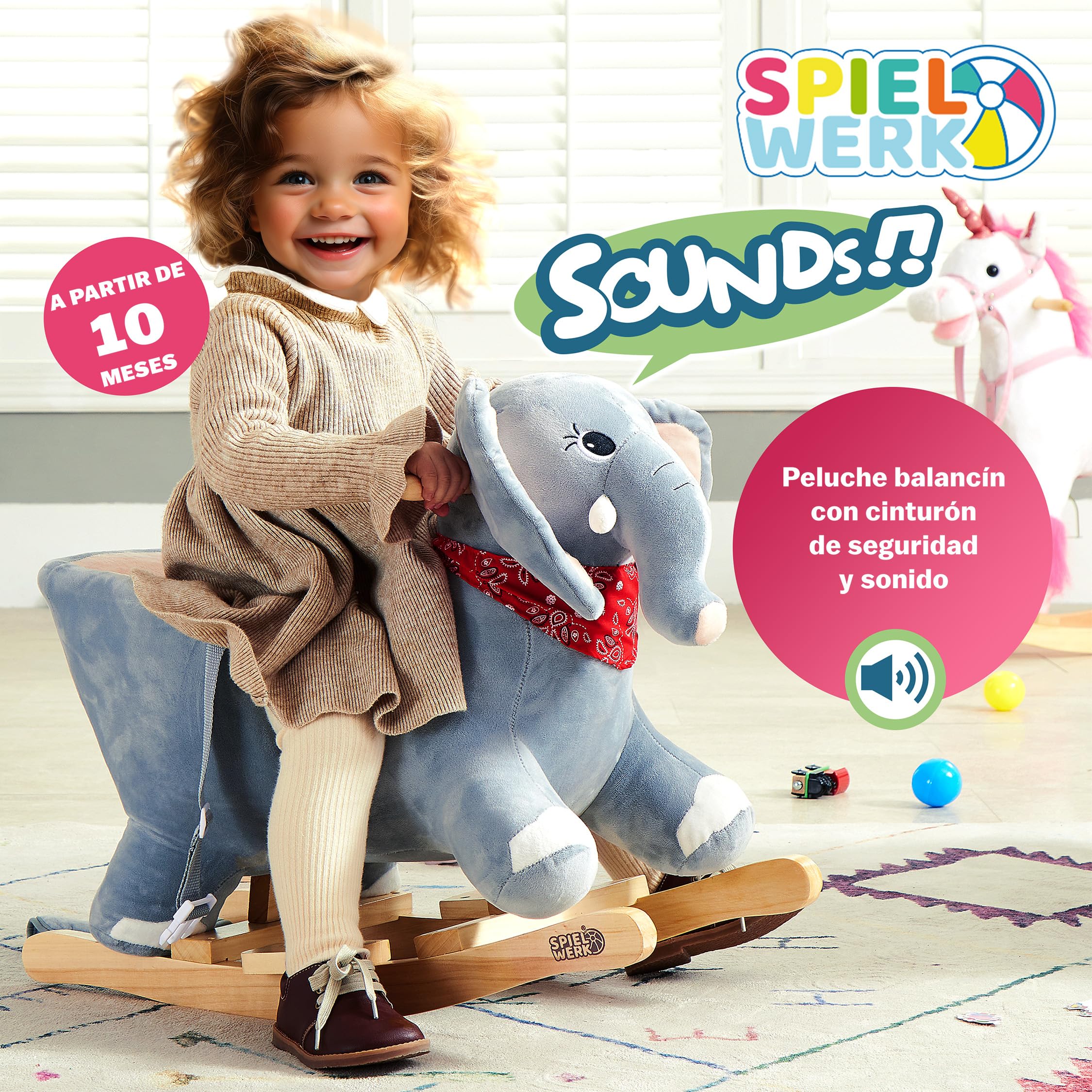 Spielwerk® Elefante Balancín Mecedora Bebe Animales de Juguete Peluches Felpa Suave Sonido Regalos Originales Bebes 1 Año Columpio Infantil