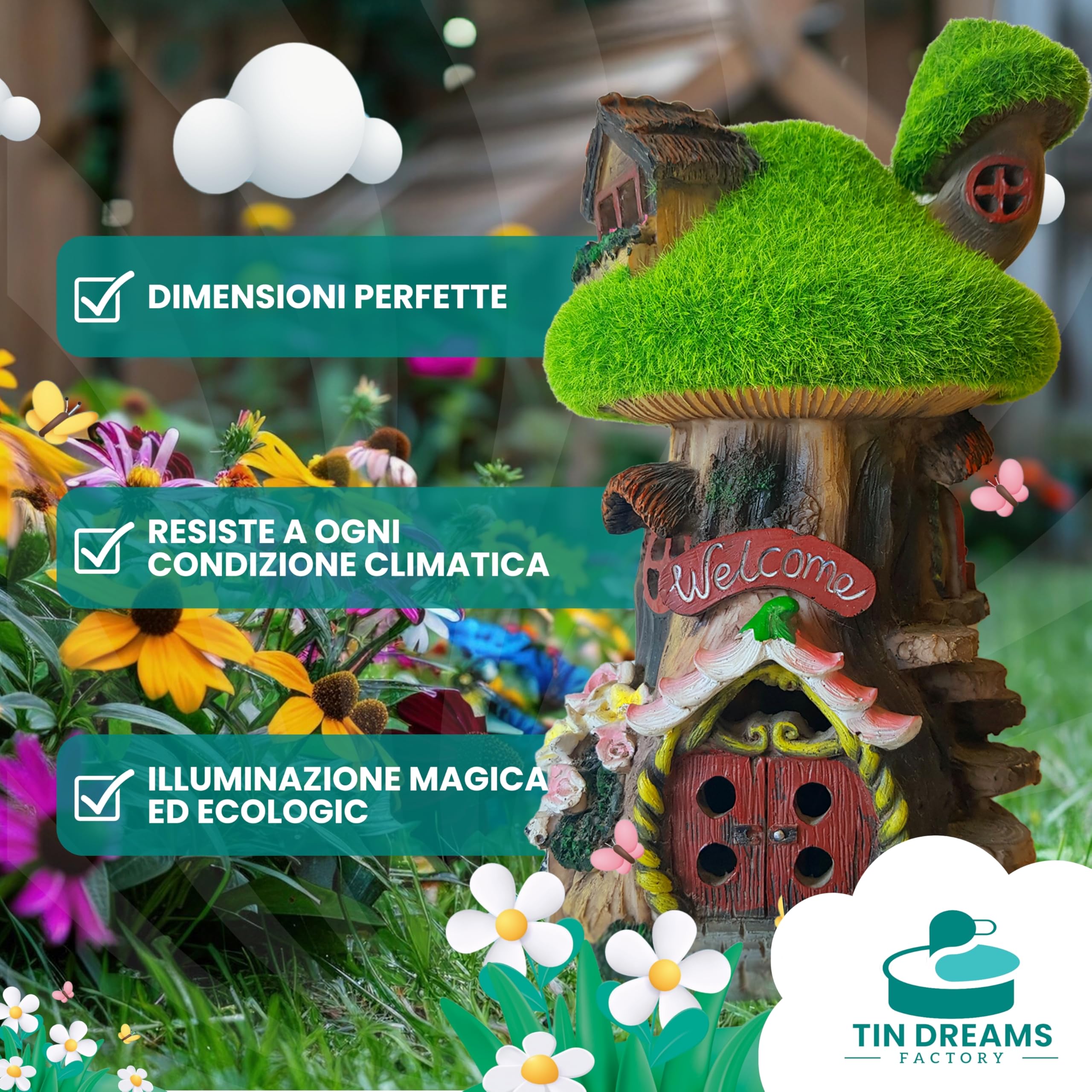 Fairy Tree House Casetta Fate Giardino Luce Solare Resina Decorazione LED