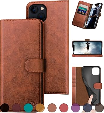 DuckSky for iPhone 15 6.1" Genuine Leather Wallet case RFID Blocking4 Credit Card HolderReal Leather Flip Folio Book Phone case Protective Cover Women Men for Apple 15 case Light Brown