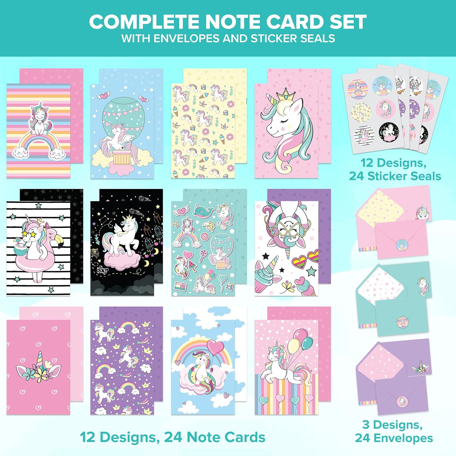 Decorably 24 Pack 4x6in Blank Unicorn Cards with Envelopes and Stickers, 12 Charming Designs - All Occasions, Birthday, Kid's Party, Baby Shower, Gifting, Mailing - Image 2